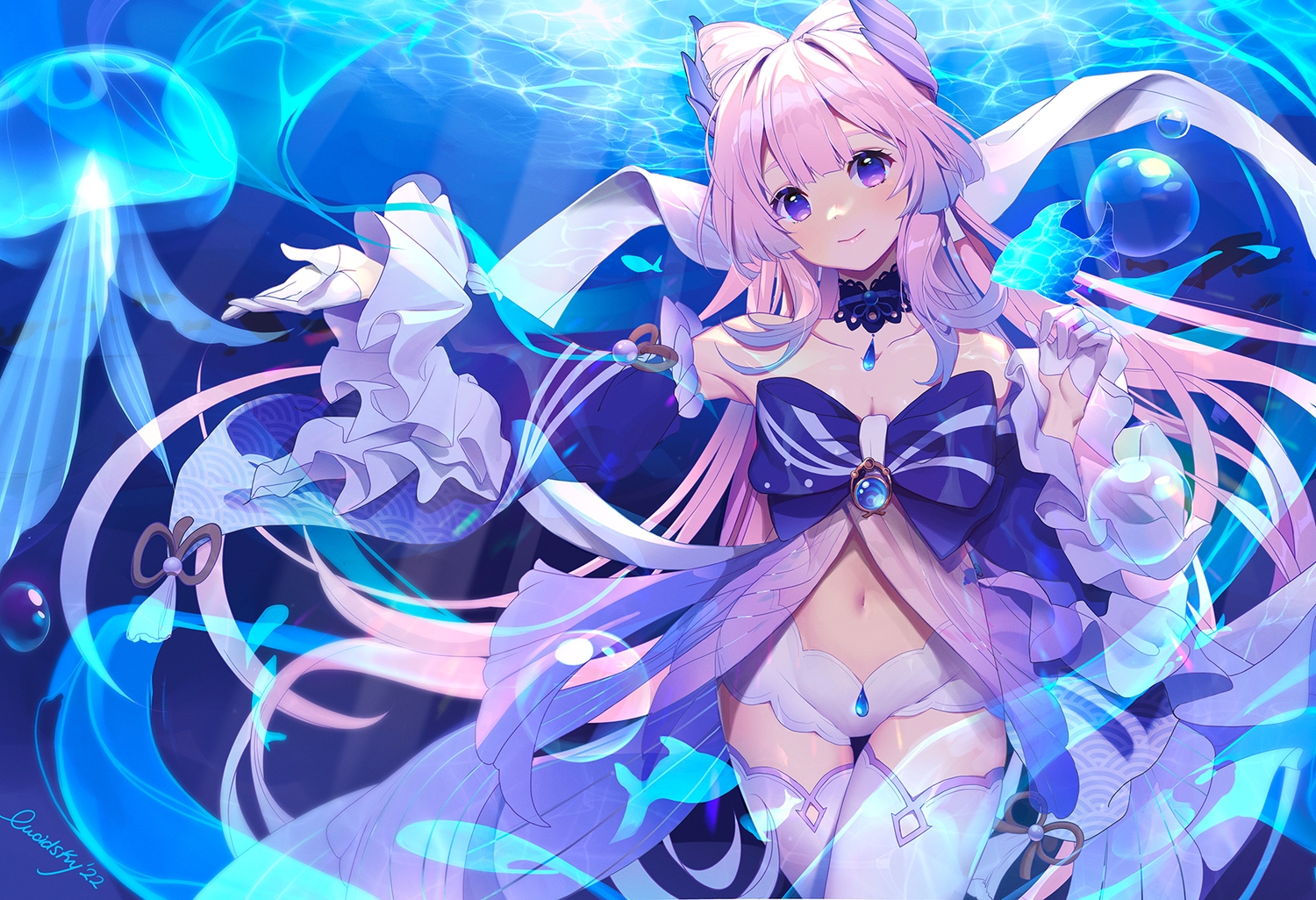 animal, choker, fish, genshin_impact, gloves, long_hair, lucidsky, navel
