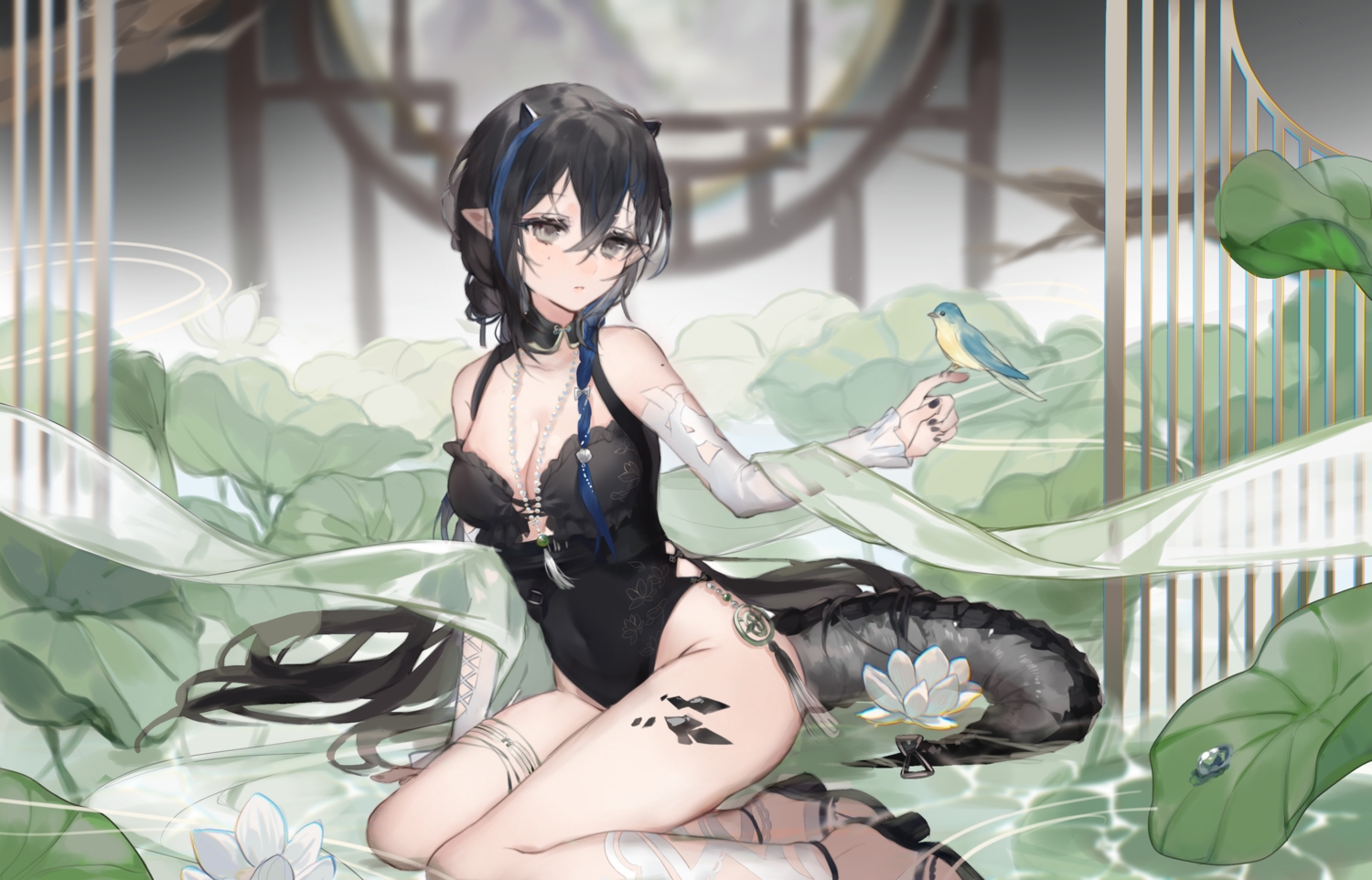 animal, arknights, bird, black_hair, blacknight_(arknights), breasts, chinese_clothes, cleavage, flowers, garter, gray_eyes, green, horns, kunguiyuzhimeng, long_hair, necklace, pointed_ears, ponytail, swimsuit, tail, water
