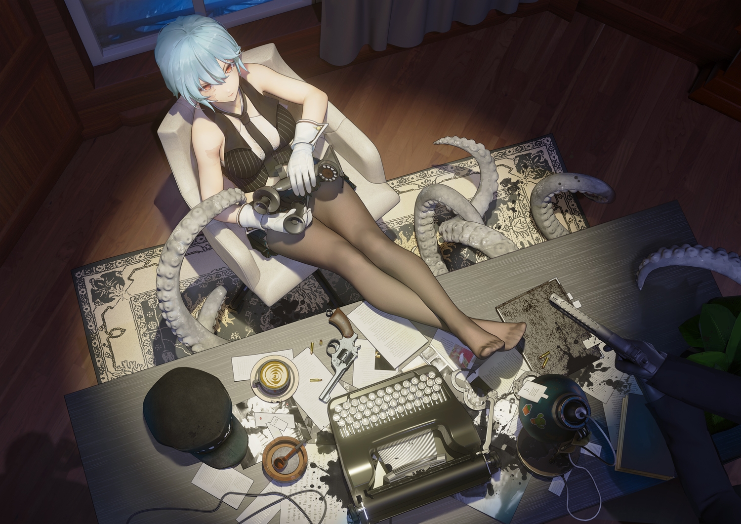 3d, blue_hair, gun, magician_(artist), original, pantyhose, paper, red_eyes