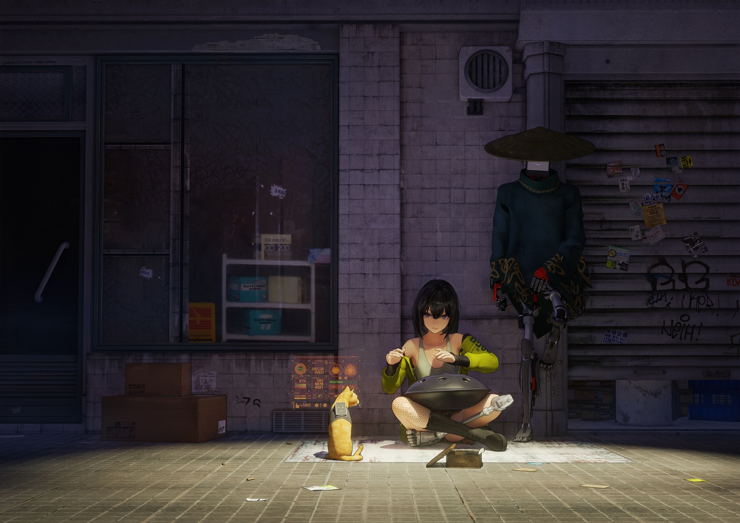 3d, animal, black_hair, boots, cat, hat, magician_(artist), scenic, stray_(game)