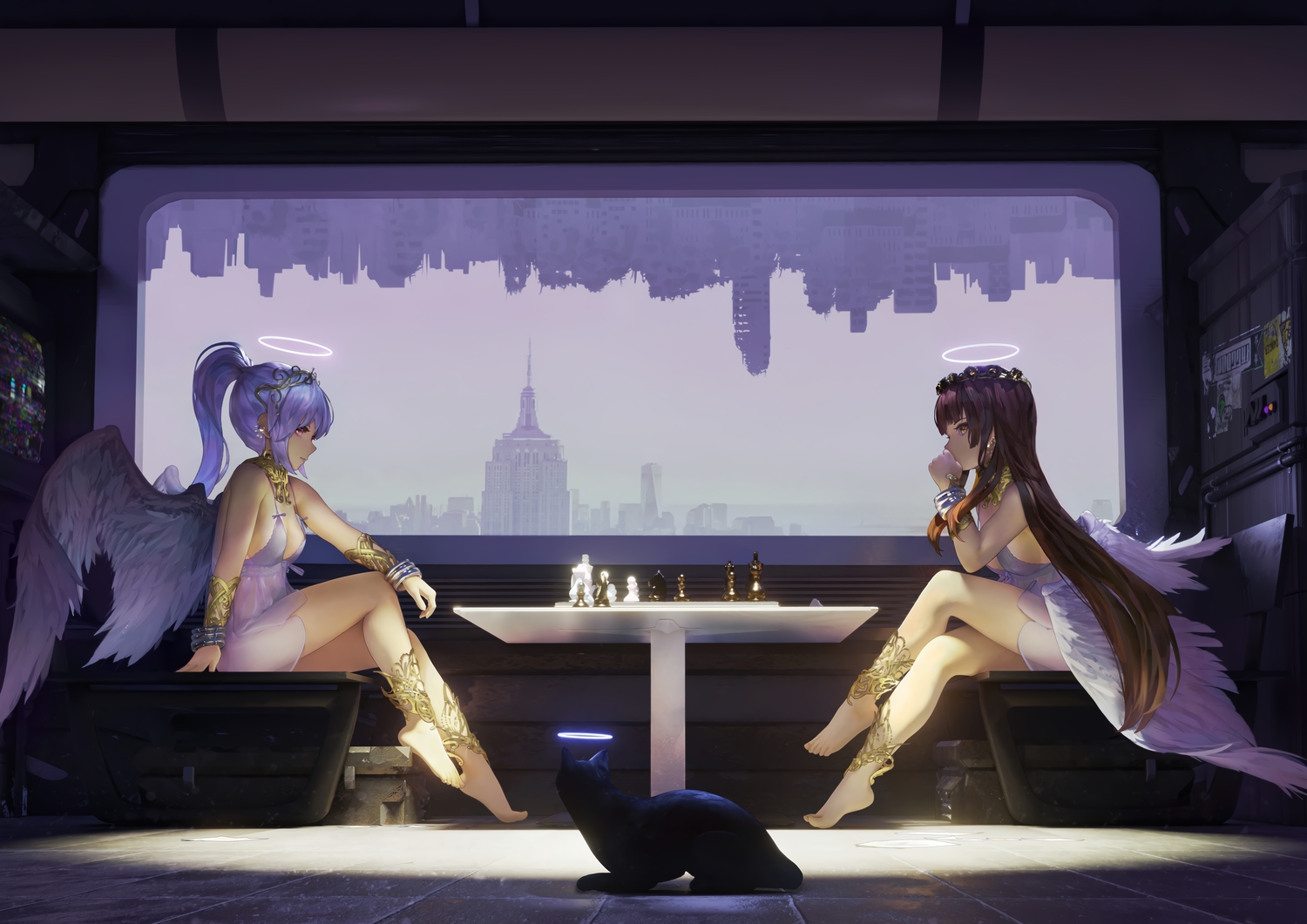 2girls, 3d, angel, animal, barefoot, brown_hair, cat, dress