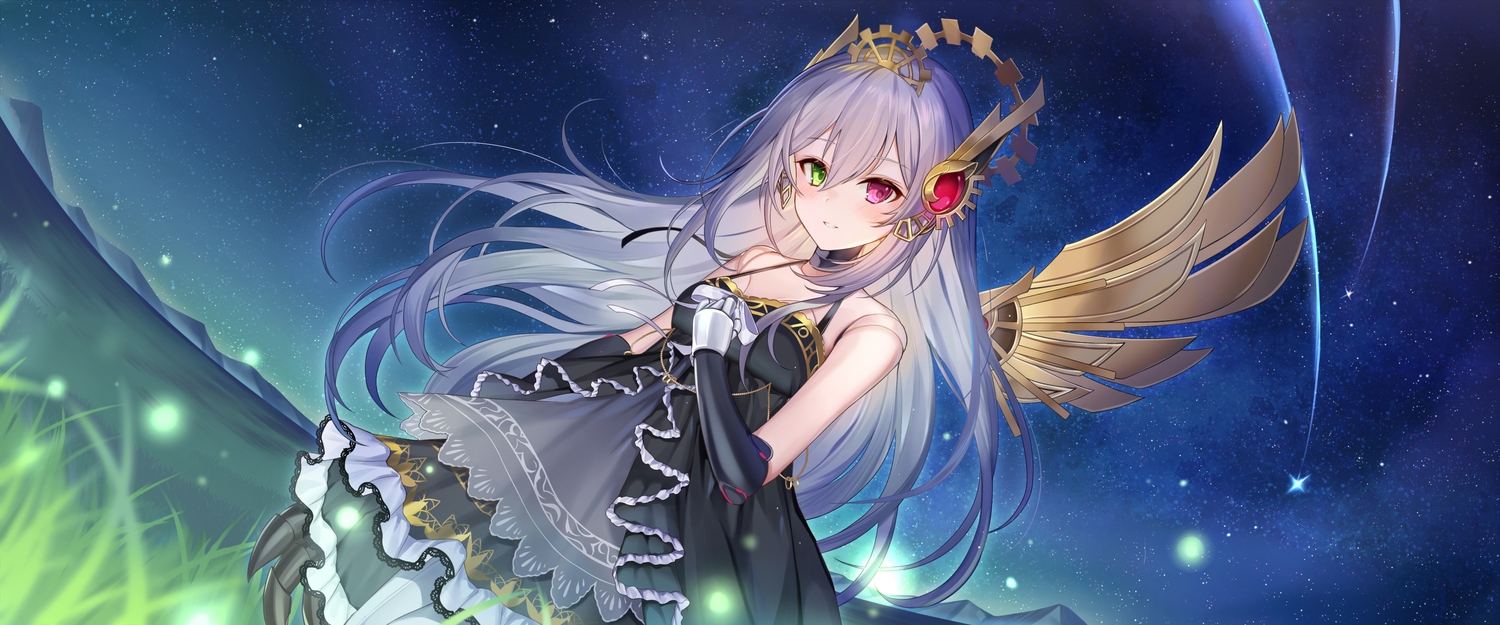 bicolored_eyes, doll, dress, grass, gray_hair, green_eyes, ion_(on01e), long_hair