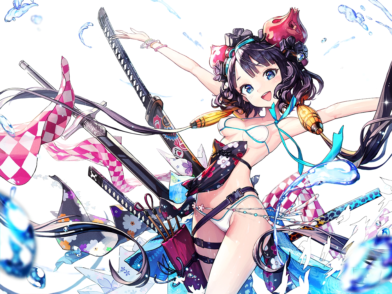 bikini, black_hair, blue_eyes, cameltoe, fate/grand_order, fate_(series), katana, katsushika_hokusai, punc_p, short_hair, swimsuit, sword, weapon, white
