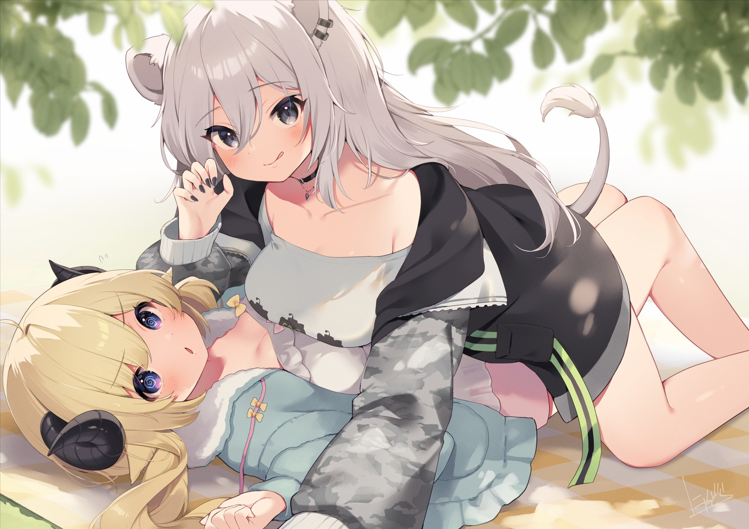 2girls, animal_ears, black_eyes, blonde_hair, breasts, catgirl, cleavage, collar