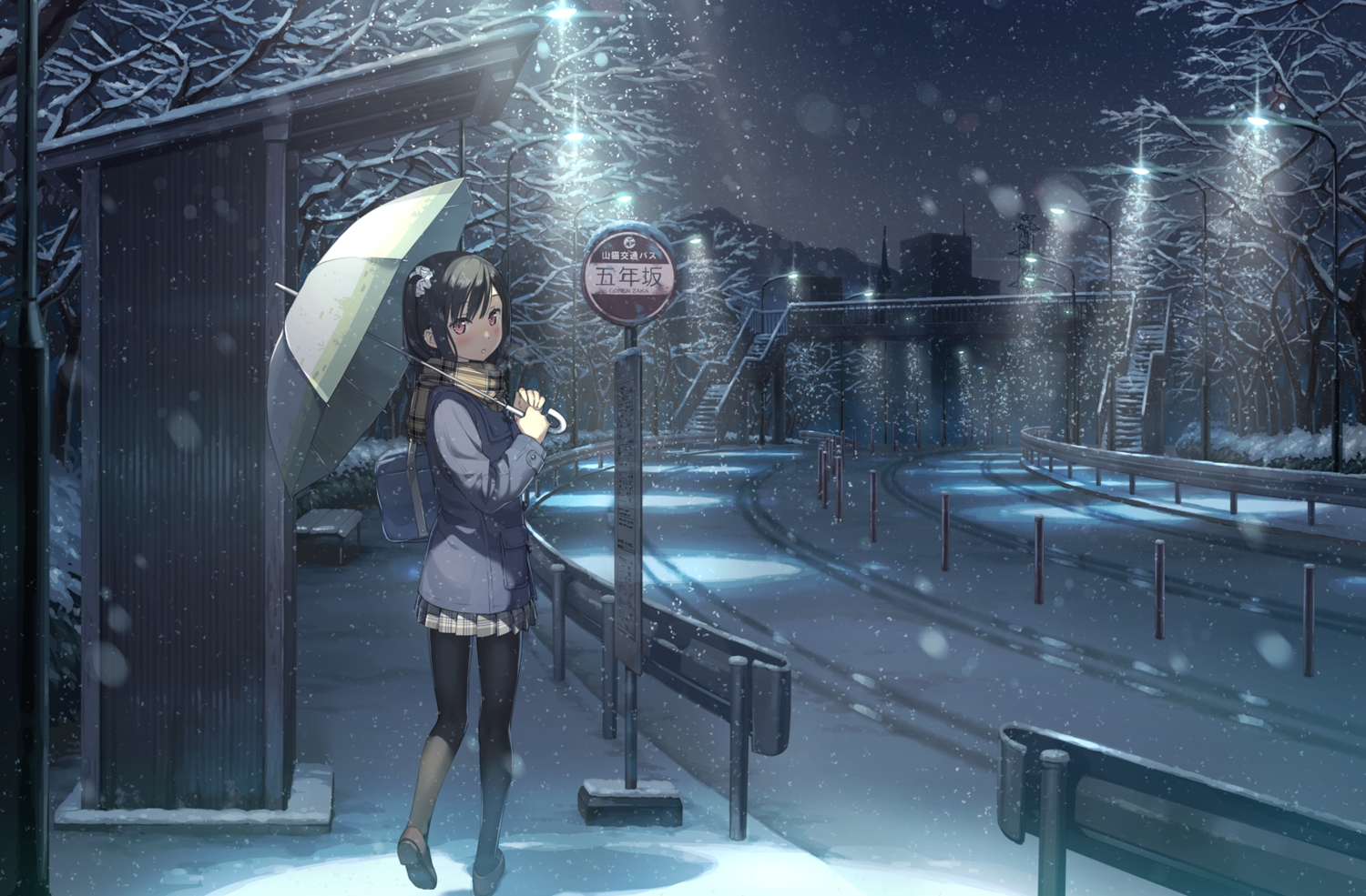 black_hair, kantoku, original, pantyhose, purple_eyes, school_uniform, shizuku_(kantoku), skirt