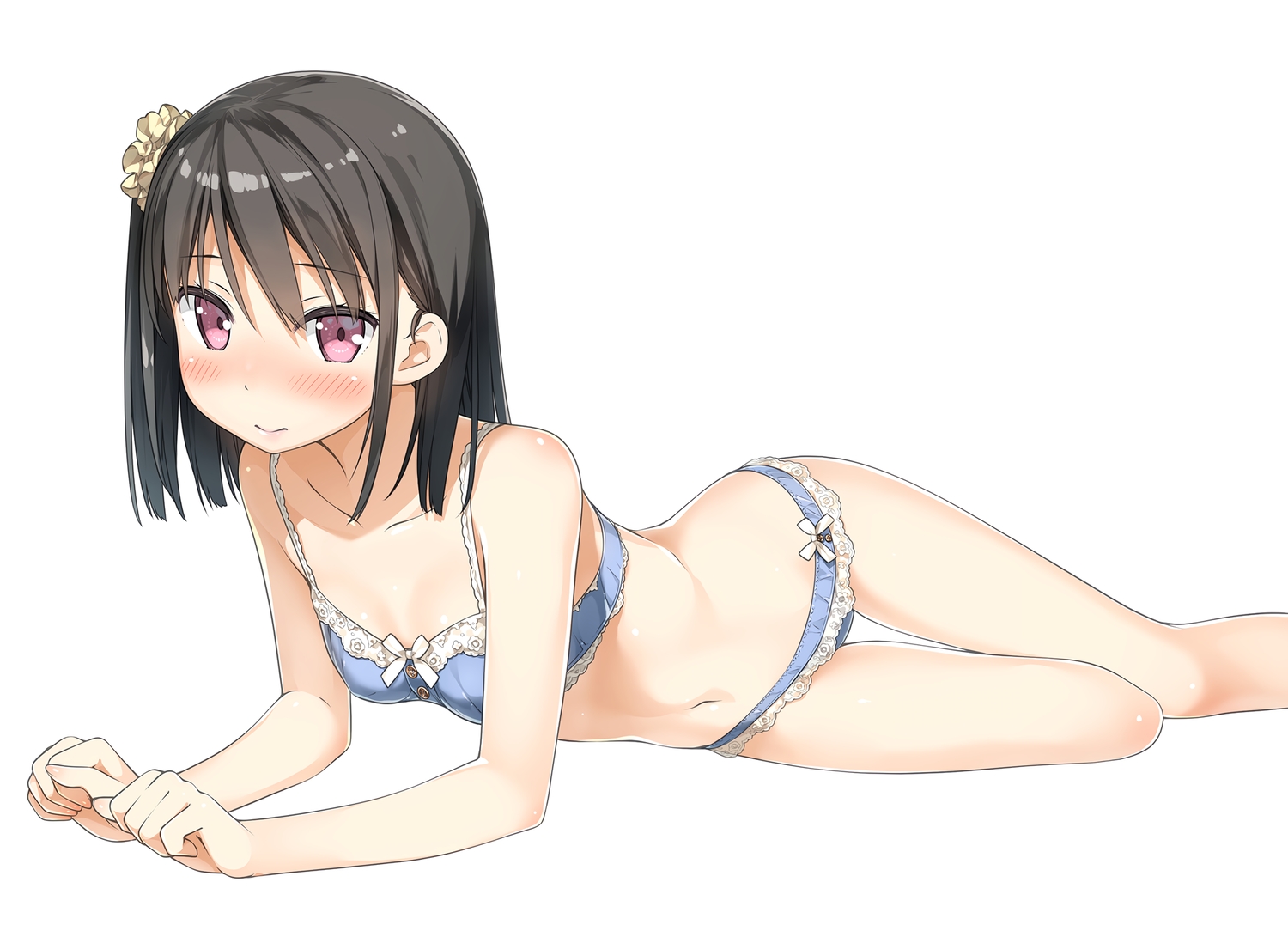 5_nenme_no_houkago, black_hair, bra, kantoku, navel, original, panties, purple_eyes