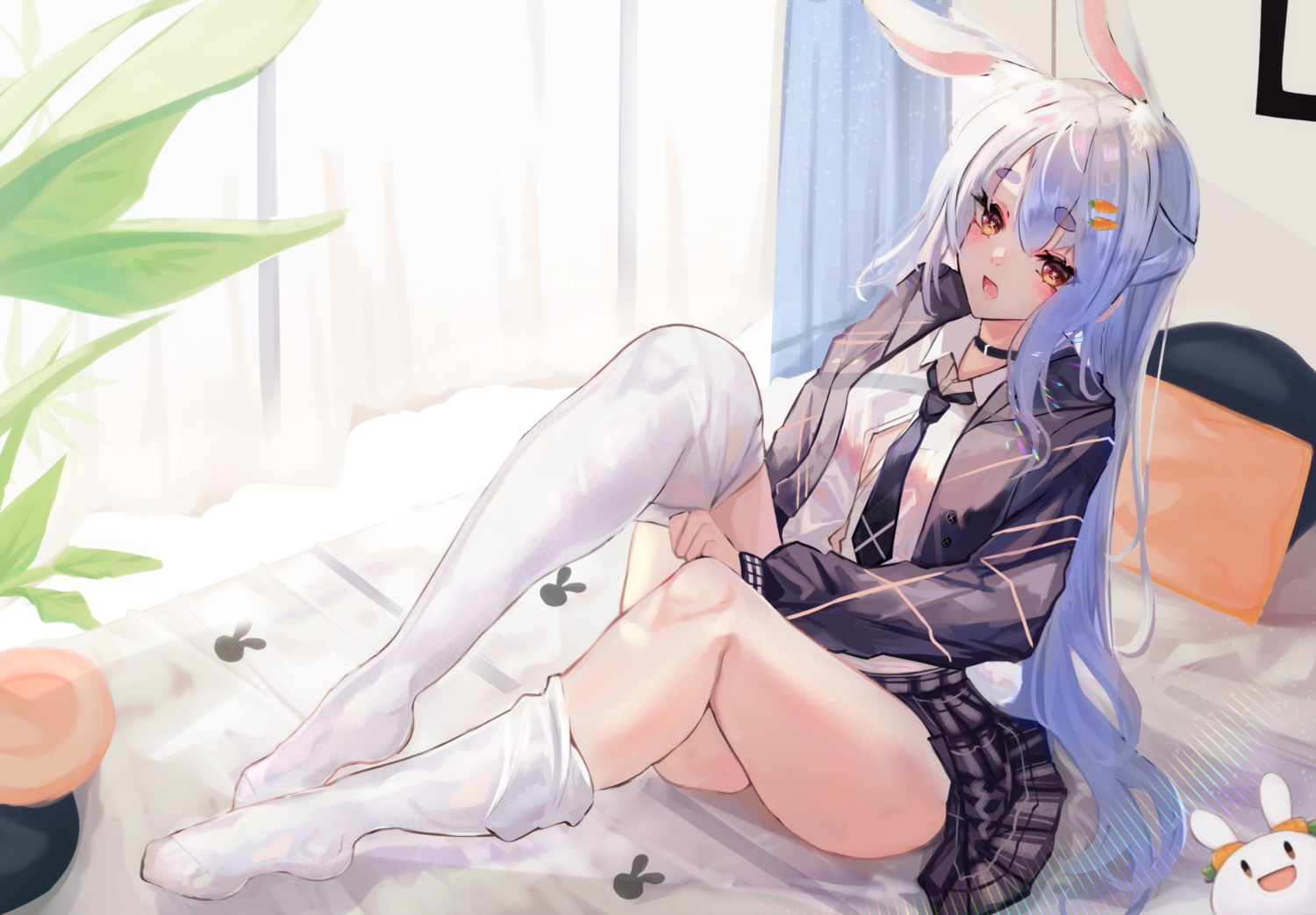 animal_ears, bed, blue_hair, brown_eyes, bunny_ears, bunnygirl, hololive, long_hair