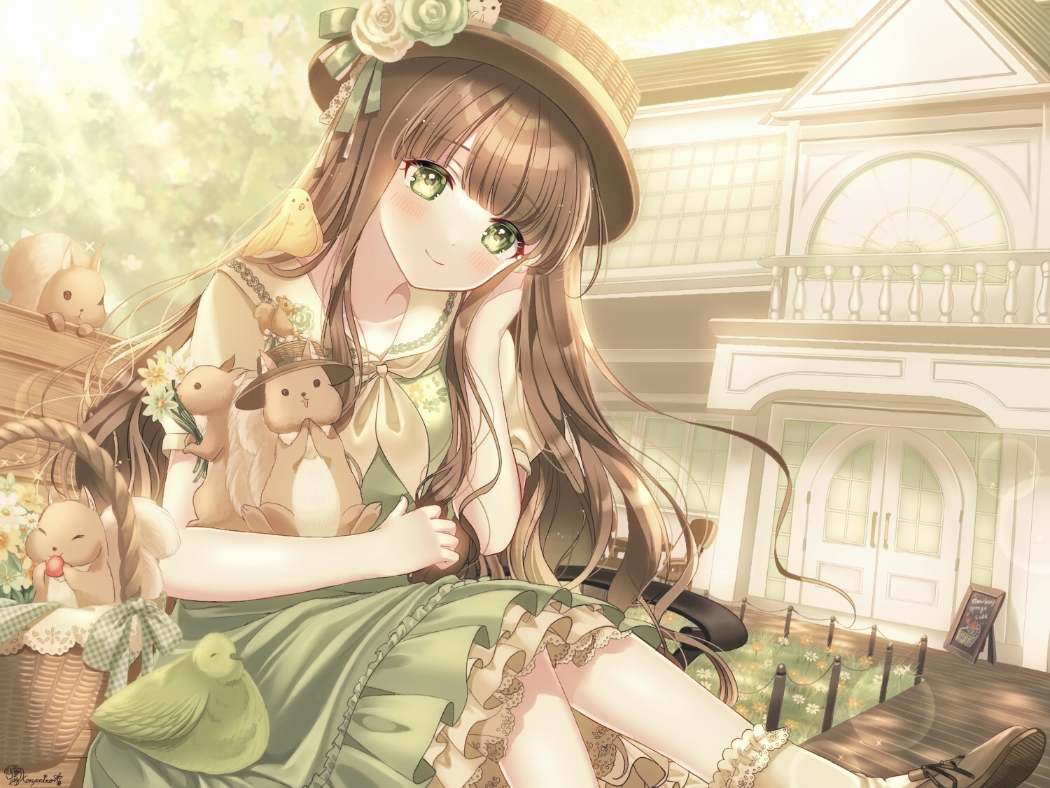 animal, bird, blush, brown_hair, building, dress, green, green_eyes, hat, kompeitou_(lemon_garden), lolita_fashion, long_hair, original, signed