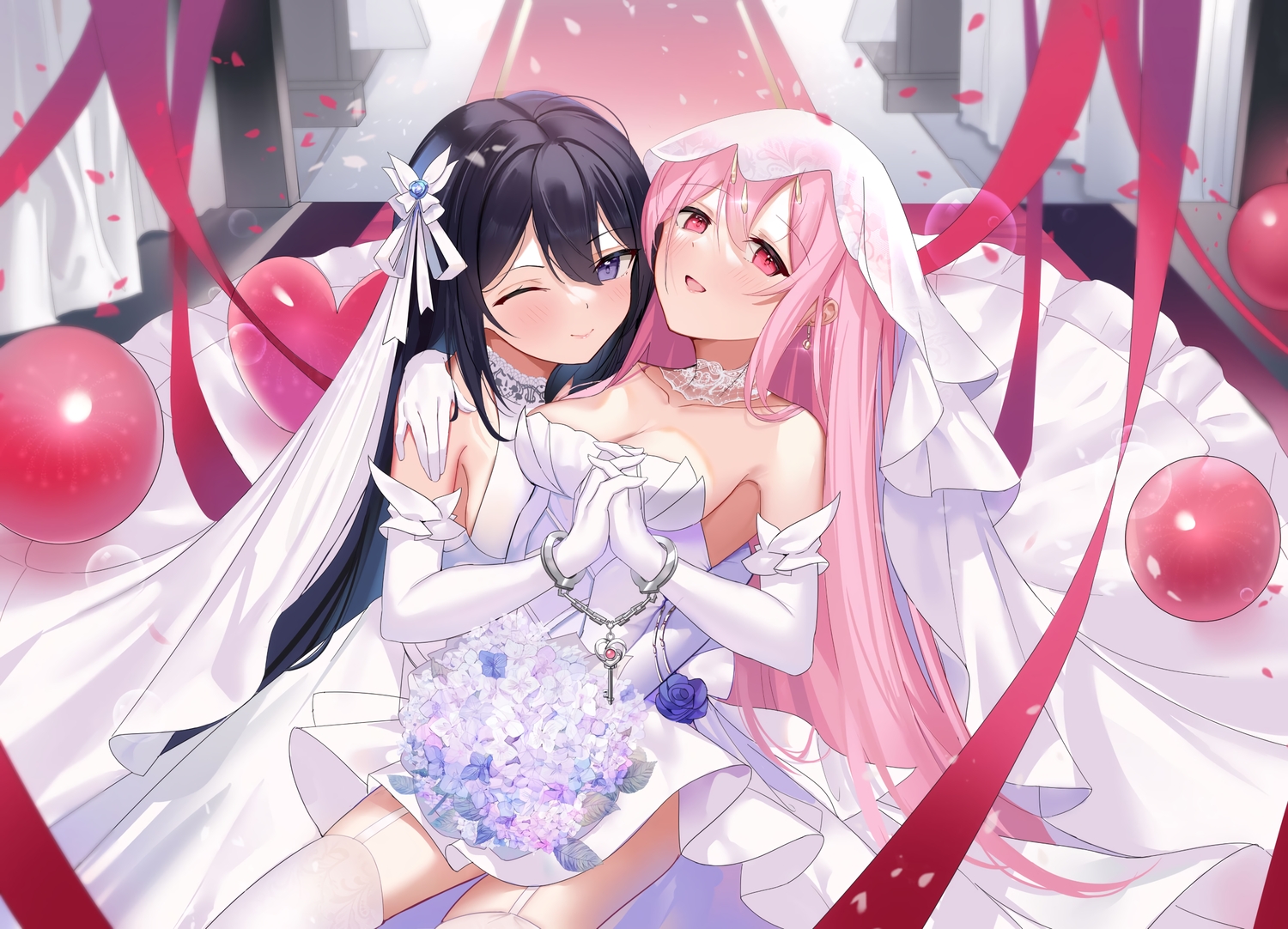 2girls, bondage, elbow_gloves, flowers, garter_belt, gloves, headdress, long_hair