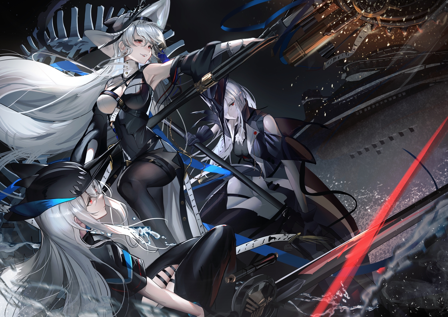 arknights, dress, gladiia_(arknights), gray_hair, hat, hiyaori_(hiyahiyaval), long_hair, pantyhose, red_eyes, skadi_(arknights), specter_(arknights), sword, weapon