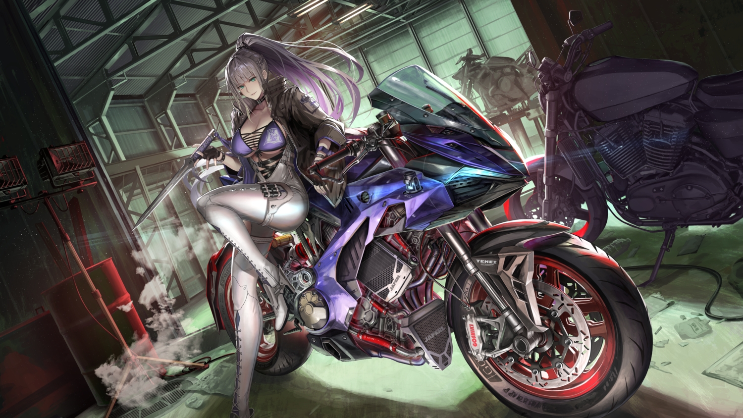 baiyi_(path_to_nowhere), bikini_top, bodysuit, breasts, cleavage, gloves, gray_hair, green_eyes, long_hair, motorcycle, nihoshi_(bipedal_s), path_to_nowhere, ponytail, weapon