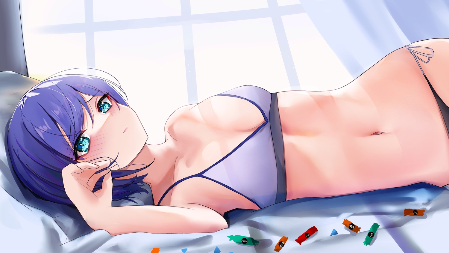 a-chan_(hololive), aqua_eyes, bed, blue_hair, bra, hololive, navel, panties, rifufu, short_hair, underwear