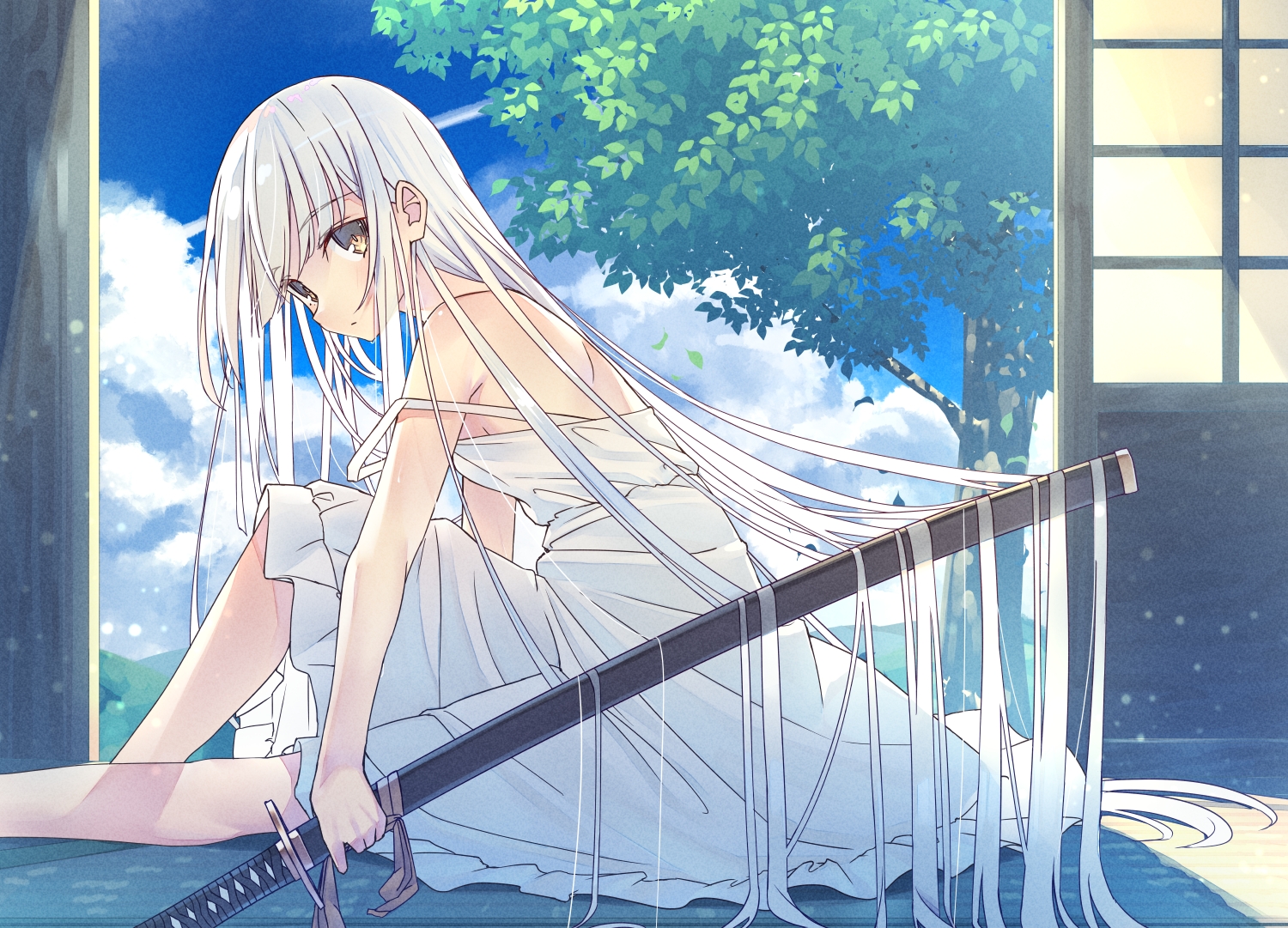 brown_eyes, clouds, dress, katana, long_hair, no_bra, original, shiro_youduki