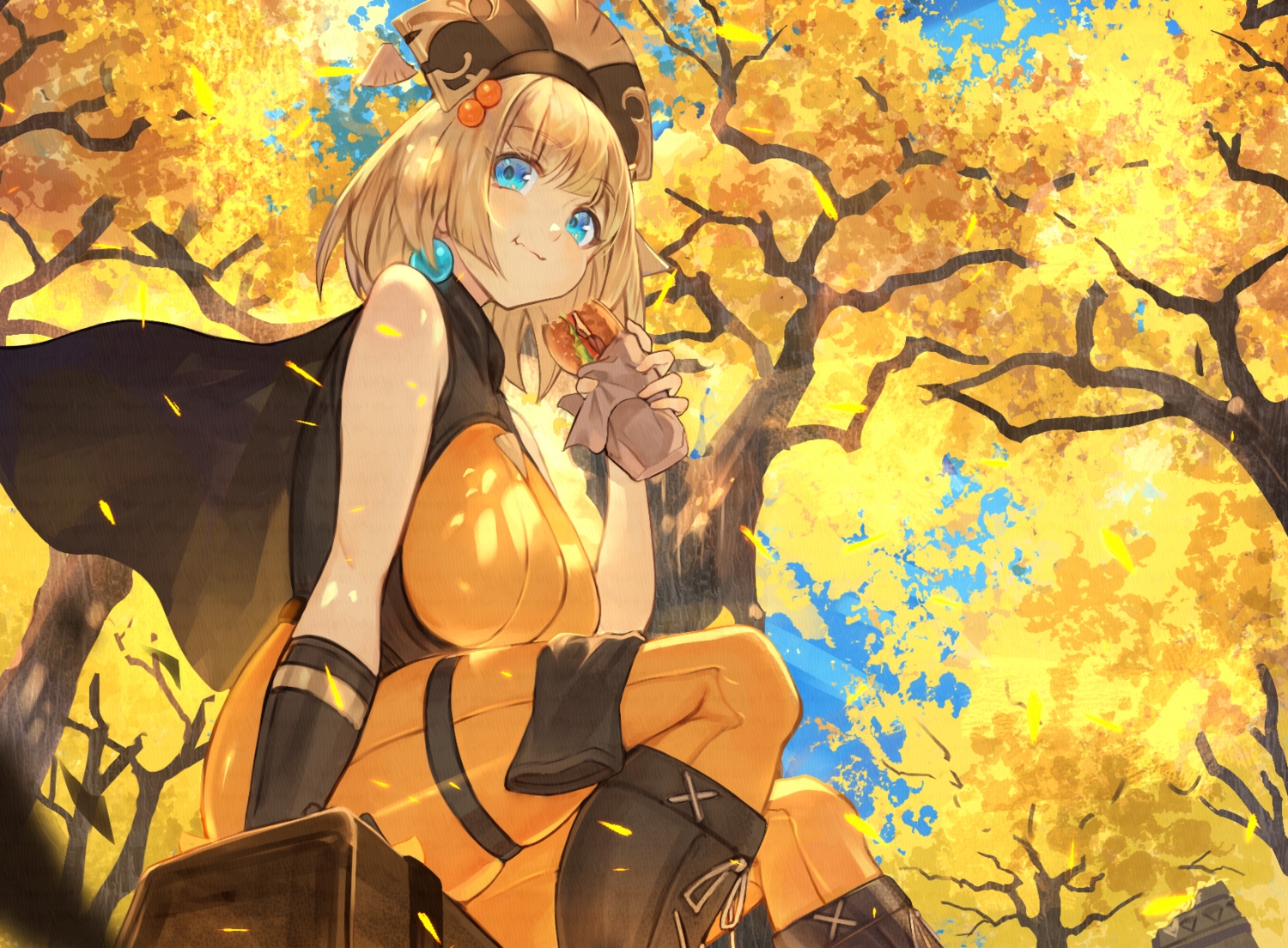 aqua_eyes, autumn, blonde_hair, bodysuit, boots, cape, elbow_gloves, food