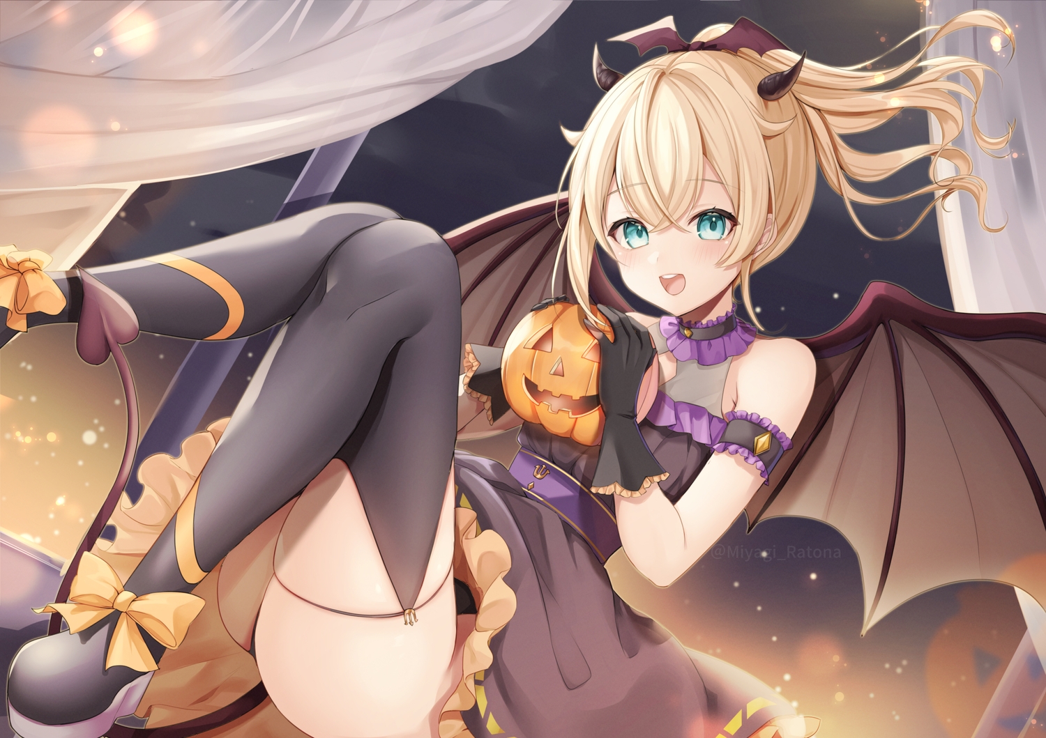 blonde_hair, bow, dress, gloves, halloween, hololive, horns, kazama_iroha, long_hair, miyagi_ratona, ponytail, pumpkin, tail, thighhighs, wings