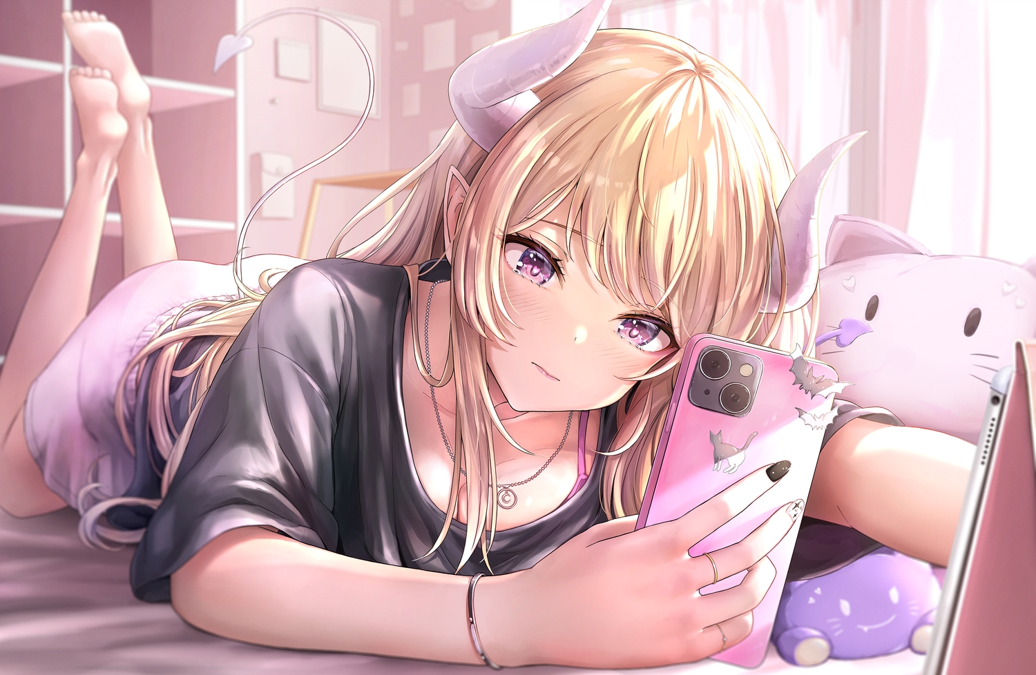 barefoot, blonde_hair, blush, breasts, cleavage, horns, long_hair, necklace, phone, pink_eyes, pointed_ears, tail, tokeshi, wristwear