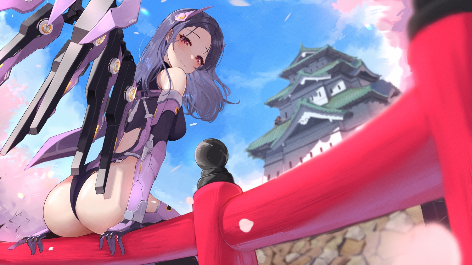 ass, blush, building, clouds, elbow_gloves, gloves, goddess_of_victory:_nikke, isabel_(nikke), leotard, long_hair, mechagirl, petals, pomp_(qhtjd0120), purple_hair, red_eyes, sky, thighhighs, wings