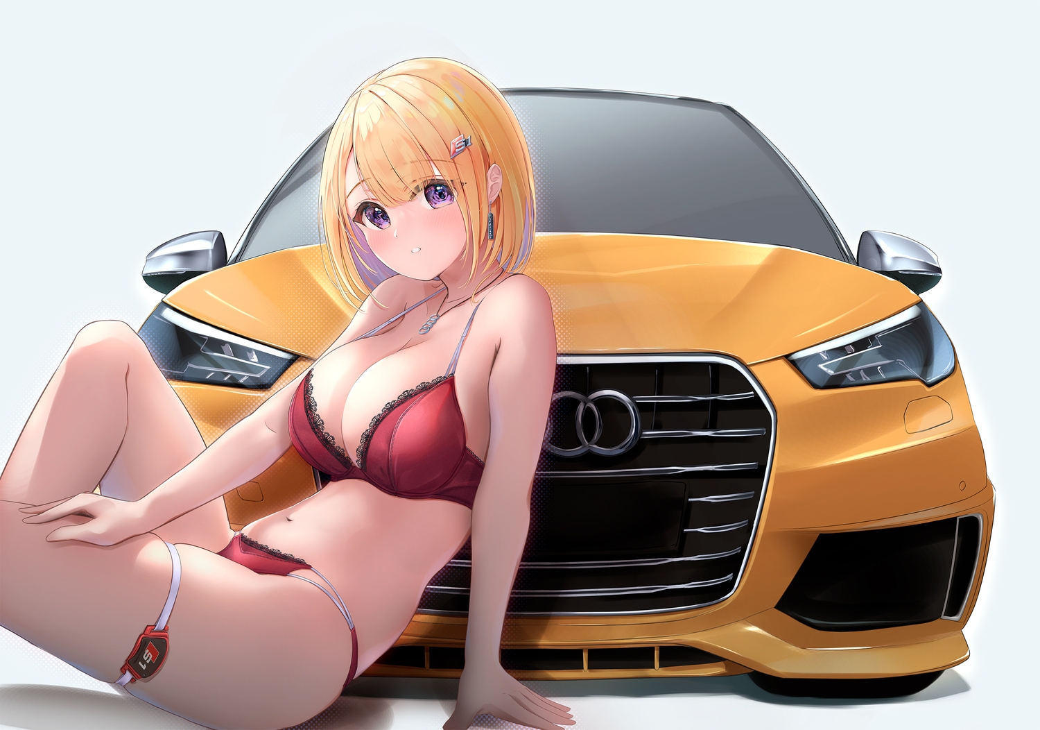 blonde_hair, blush, bra, car, fujinomiya_rio, garter, necklace, original, panties, purple_eyes, short_hair, underwear