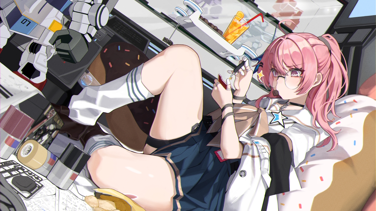 blush, choker, drink, food, garter, glasses, kneehighs, long_hair, paper, path_to_nowhere, pink_eyes, pink_hair, pomp_(qhtjd0120), ponytail, school_uniform, skirt, socks, summer_(path_to_nowhere), wristwear