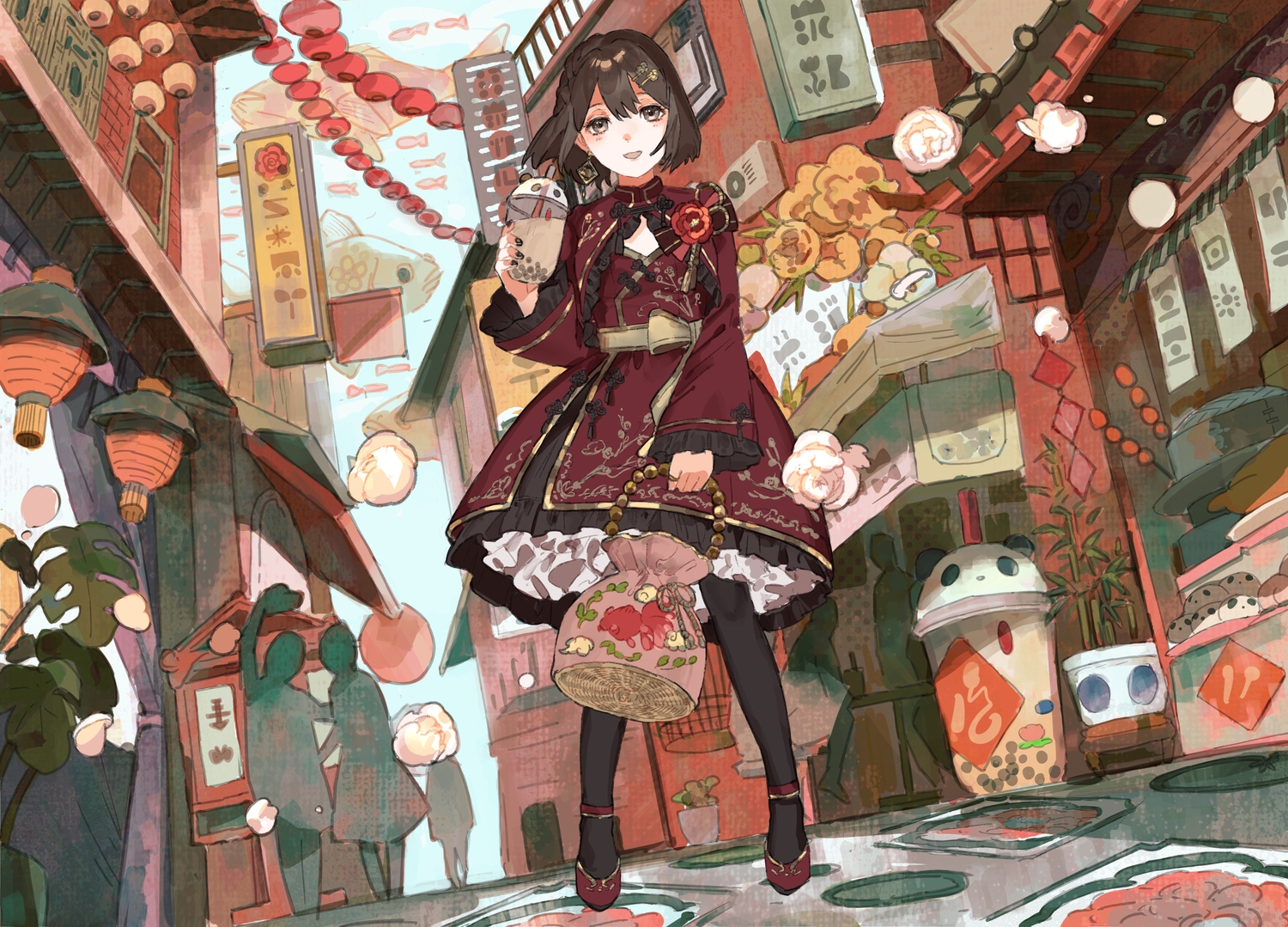 bow, braids, brown_eyes, brown_hair, building, chinese_clothes, city, drink