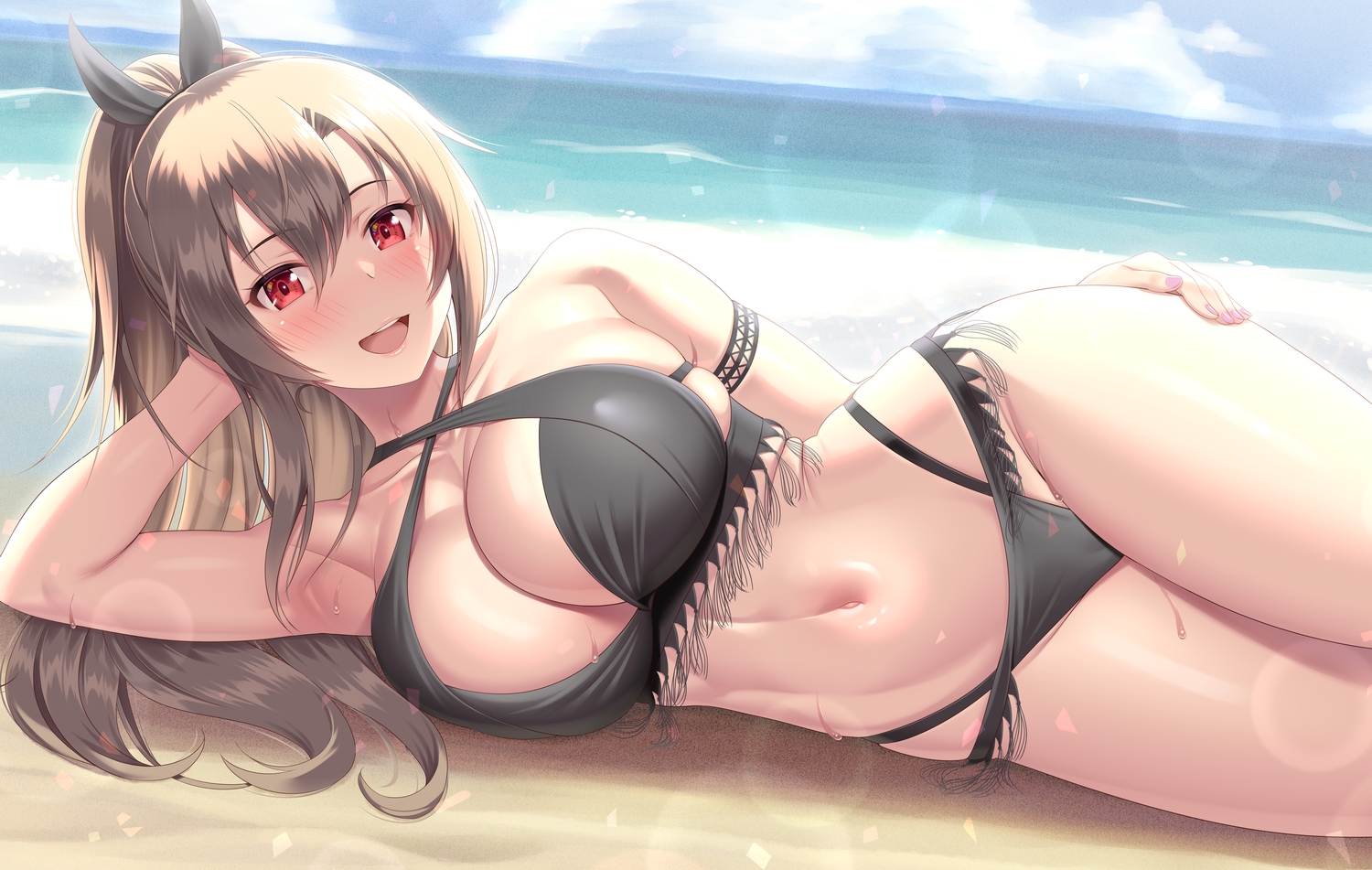 beach, bikini, blush, brown_hair, cameltoe, eydis_(sao), kawase_seiki, long_hair, navel, red_eyes, swimsuit, sword_art_online, sword_art_online_alicization