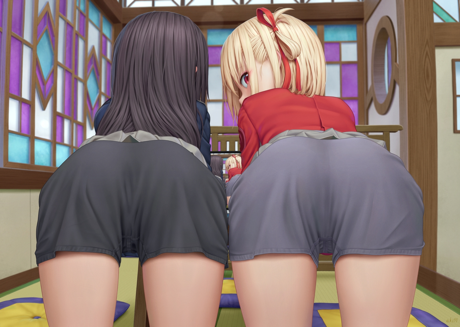 2girls, aki99, ass, black_hair, blonde_hair, inoue_takina, loli, long_hair