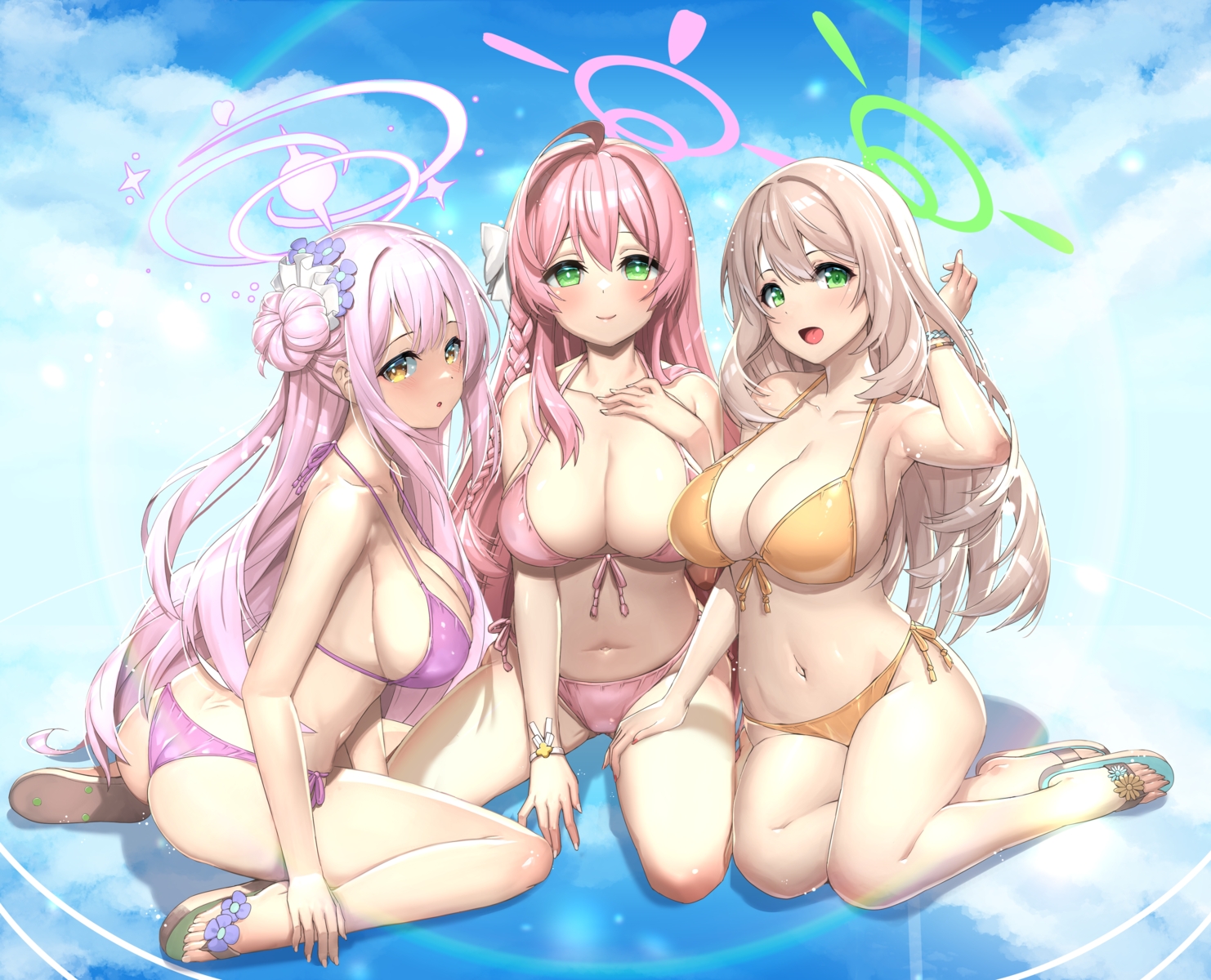 ass, bikini, blue_archive, blush, braids, breasts, brown_hair, cleavage, clouds, green_eyes, halo, ichihachiyon, izayoi_nonomi, long_hair, misono_mika, navel, pink_hair, sky, swimsuit, urawa_hanako, wristwear, yellow_eyes