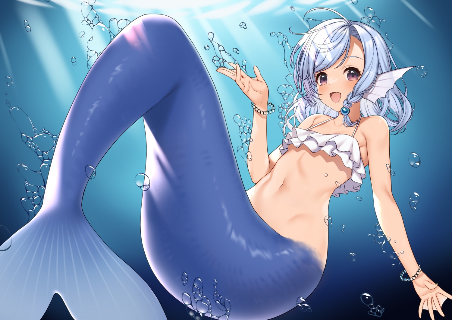 animal_ears, bikini_top, blue_hair, bubbles, elliot_leucosia, enjou_kouhai_oshiego_wa_elf_ryuu_ningyo_jinrou, flat_chest, mermaid