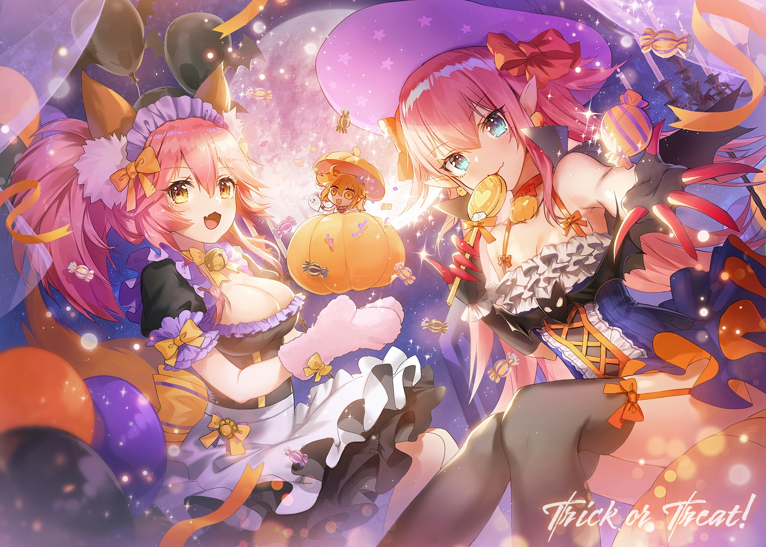 animal_ears, applecaramel_(acaramel), aqua_eyes, bell, blush, bow, breasts, candy