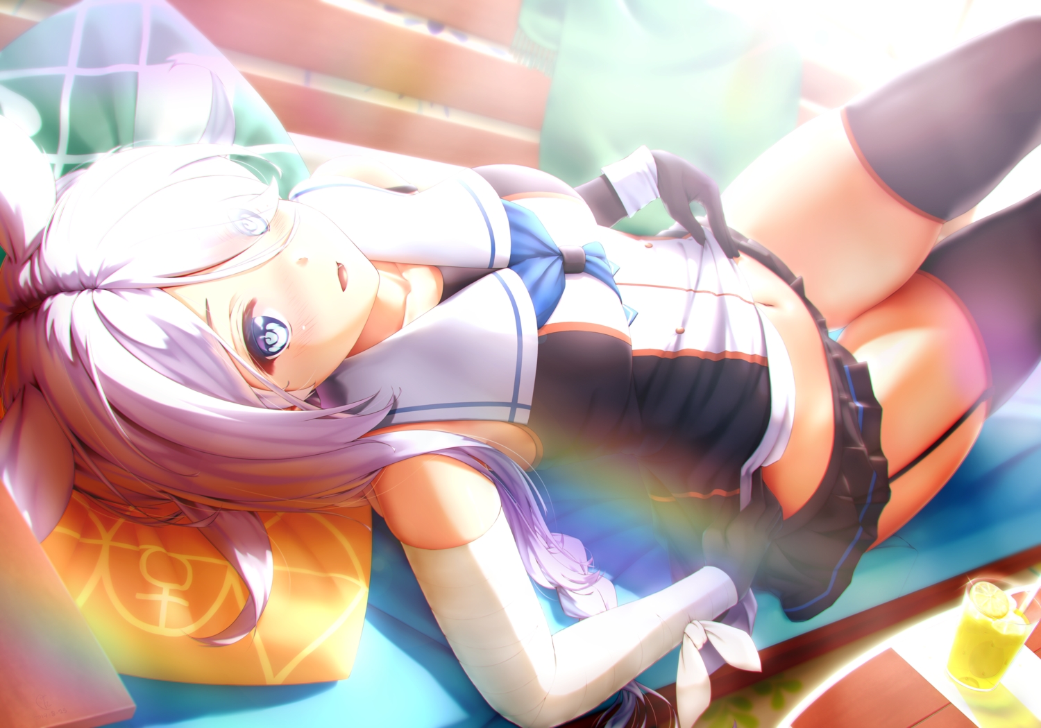 anthropomorphism, blue_eyes, blush, braids, drink, etsunami_kumita, garter_belt, gloves, kantai_collection, long_hair, navel, school_uniform, stockings, thighhighs, umikaze_(kancolle), white_hair, zettai_ryouiki