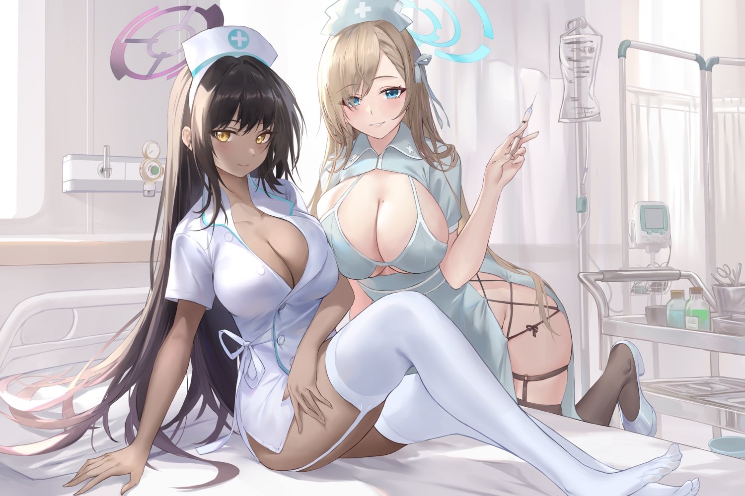 2girls, black_hair, blue_archive, blue_eyes, blush, breasts, brown_hair, cleavage, dark_skin, garter, garter_belt, halo, headdress, ichinose_asuna, kakudate_karin, long_hair, nurse, pdxen, stockings, thighhighs, yellow_eyes