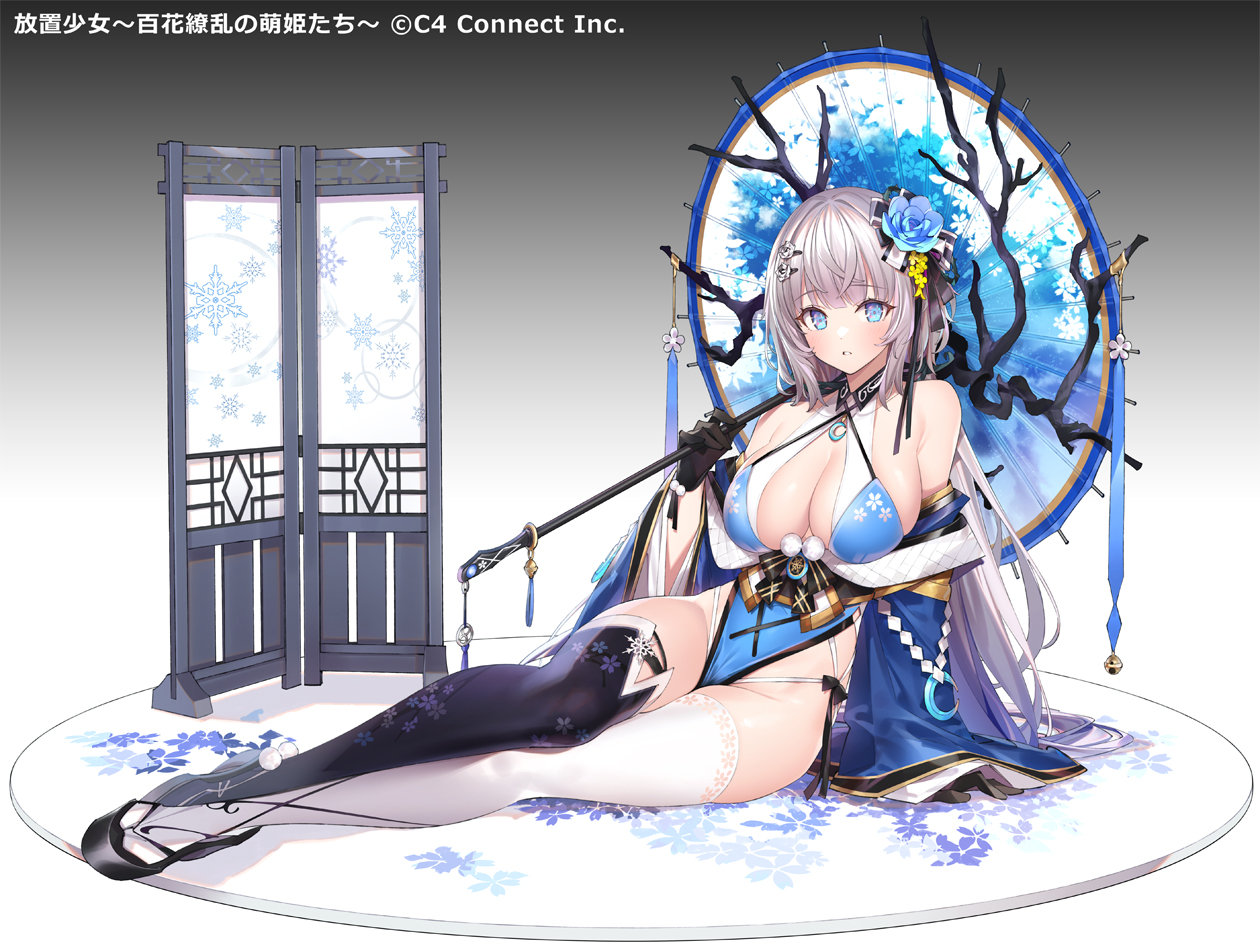 aqua_eyes, blush, breasts, cleavage, gloves, gradient, gray_hair, houchi_shoujo