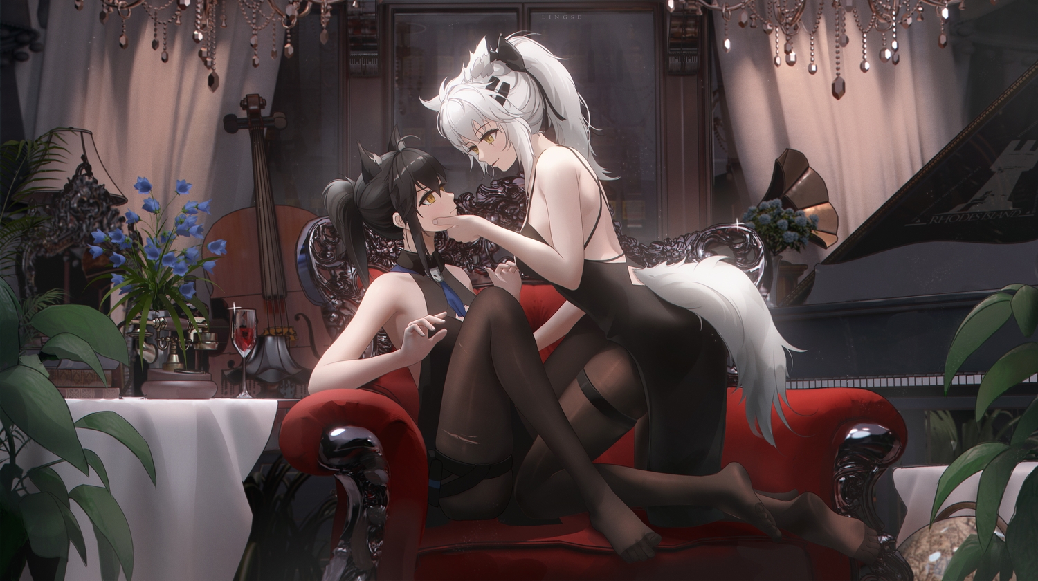 2girls, 3d, animal_ears, arknights, black_hair, book, dress, drink