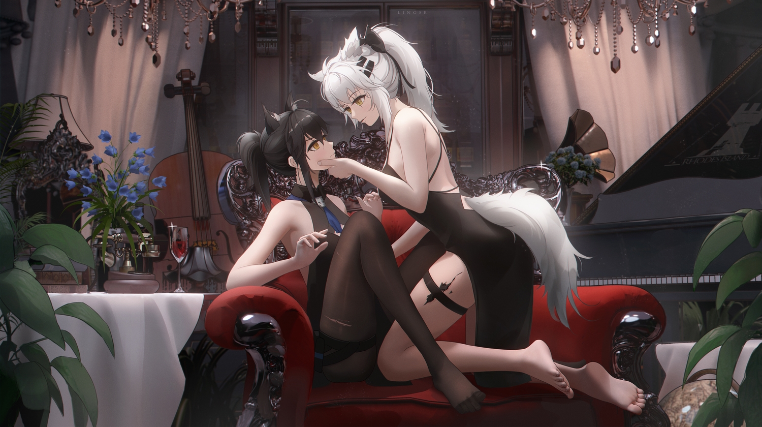 2girls, 3d, animal_ears, arknights, barefoot, black_hair, book, dress