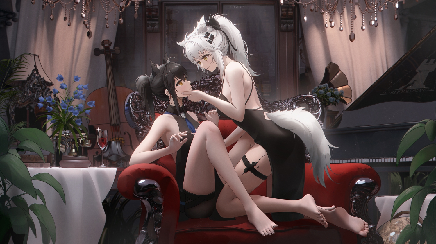 2girls, 3d, animal_ears, arknights, barefoot, black_hair, book, dress, drink, flowers, garter, gray_hair, instrument, lappland_(arknights), leaves, ling_dianxia, phone, piano, ponytail, scar, shoujo_ai, tail, texas_(arknights), torn_clothes, wolfgirl, yellow_eyes
