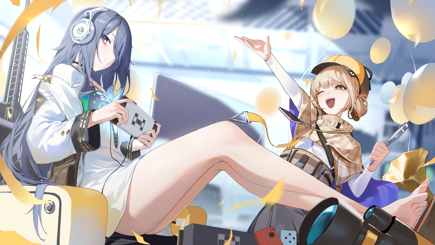 2girls, barefoot, blonde_hair, blush, cape, choker, dress, exia_(nikke), game_console, goddess_of_victory:_nikke, gray_hair, green_eyes, hat, headphones, long_hair, novel_(nikke), purple_eyes, sb_lama, skirt, wink