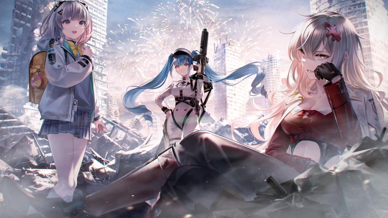 admi_(nikke), goddess_of_victory:_nikke, gun, long_hair, privaty_(nikke), ruins, sousou_(sousouworks), twintails, weapon, yulha_(nikke)