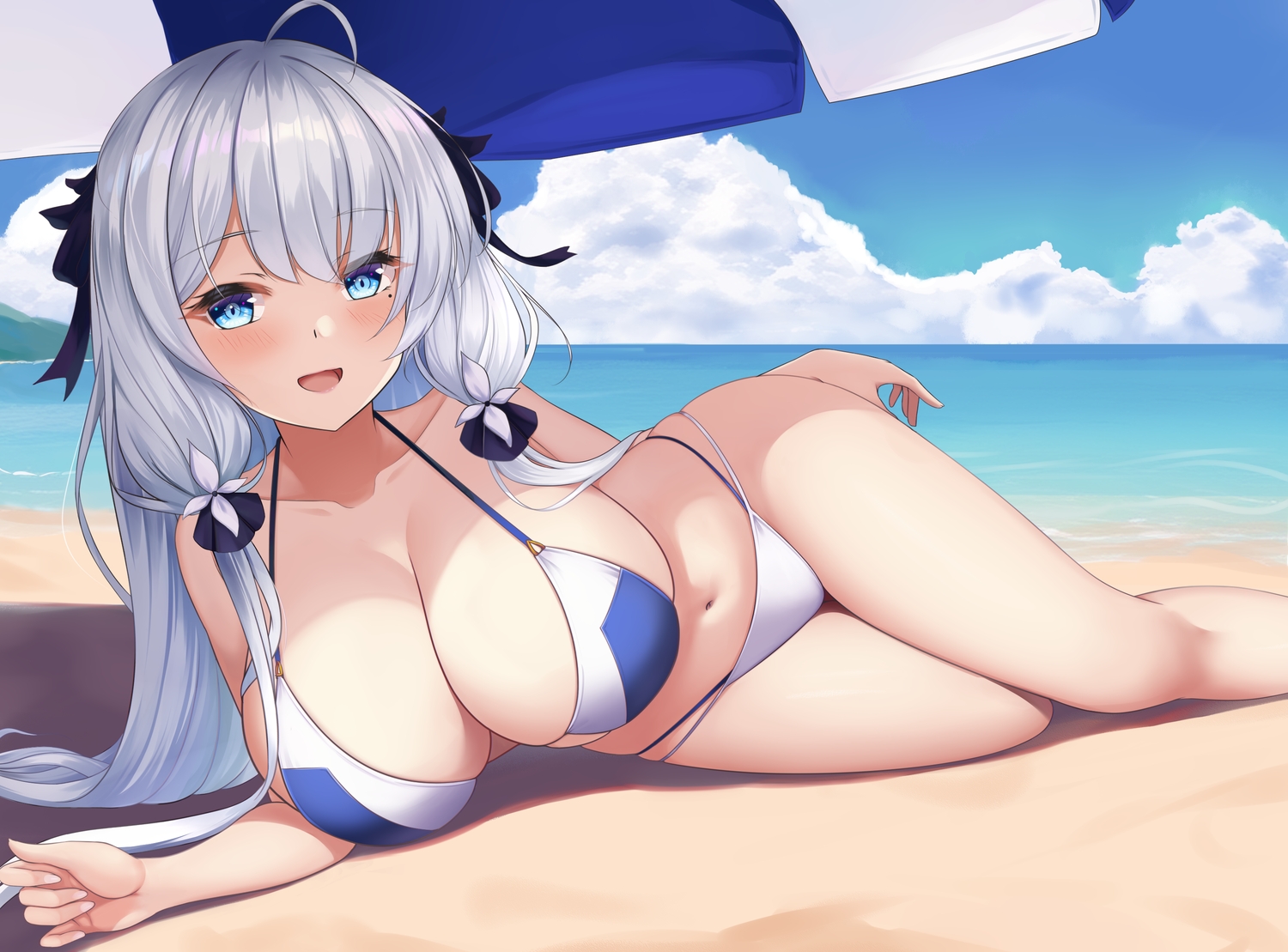anthropomorphism, azur_lane, beach, bikini, blue_eyes, clouds, gray_hair, illustrious_(azur_lane), long_hair, navel, shenqi_(toid310), sky, swimsuit, umbrella, water