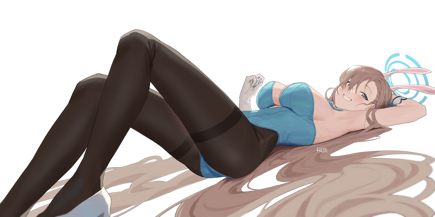 animal_ears, blue_archive, blue_eyes, blush, breasts, brown_hair, bunny_ears, bunnygirl, cleavage, elbow_gloves, fikkyun, gloves, halo, ichinose_asuna, leotard, long_hair, pantyhose, signed