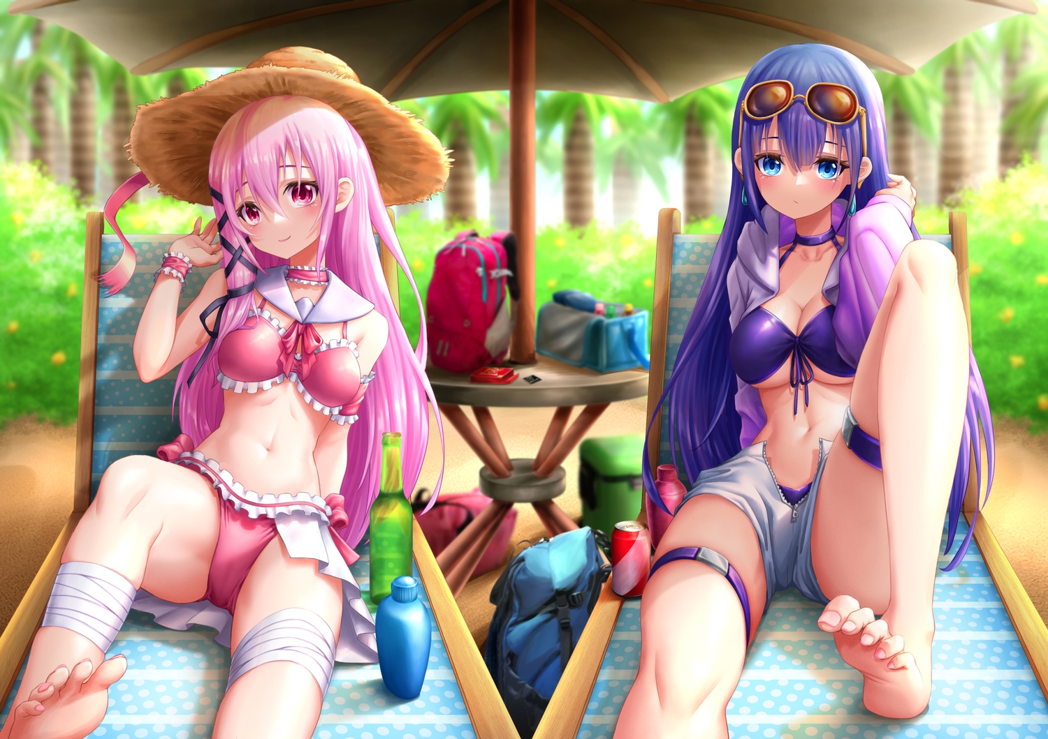 bandage, barefoot, bikini, blue_eyes, blue_hair, blush, cameltoe, choker