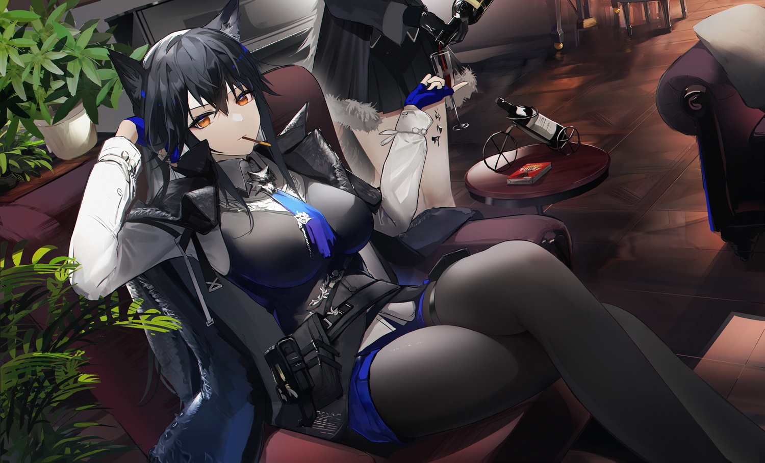animal_ears, arknights, black_hair, brown_eyes, drink, food, gloves, lappland_(arknights), long_hair, omone_hokoma_agm, pantyhose, pocky, shorts, texas_(arknights), wolfgirl