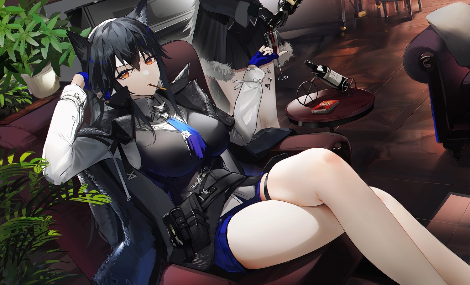 animal_ears, arknights, black_hair, brown_eyes, drink, food, gloves, lappland_(arknights), long_hair, omone_hokoma_agm, pocky, shorts, texas_(arknights), wolfgirl