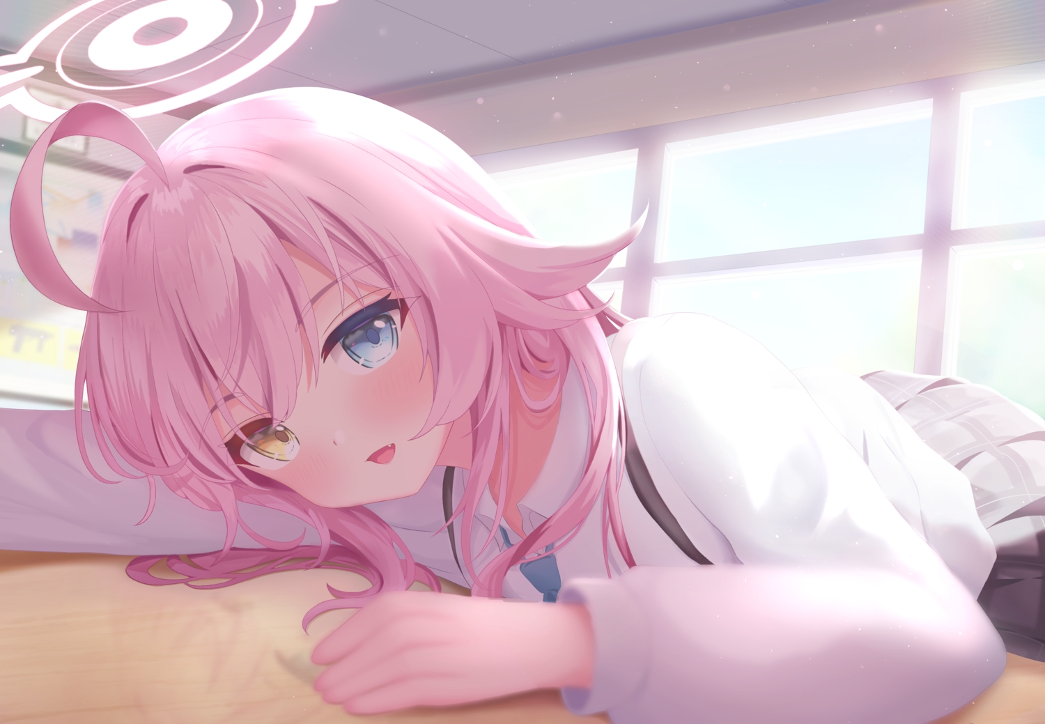 arashiomoto, bicolored_eyes, blue_archive, blue_eyes, close, halo, long_hair, pink_hair