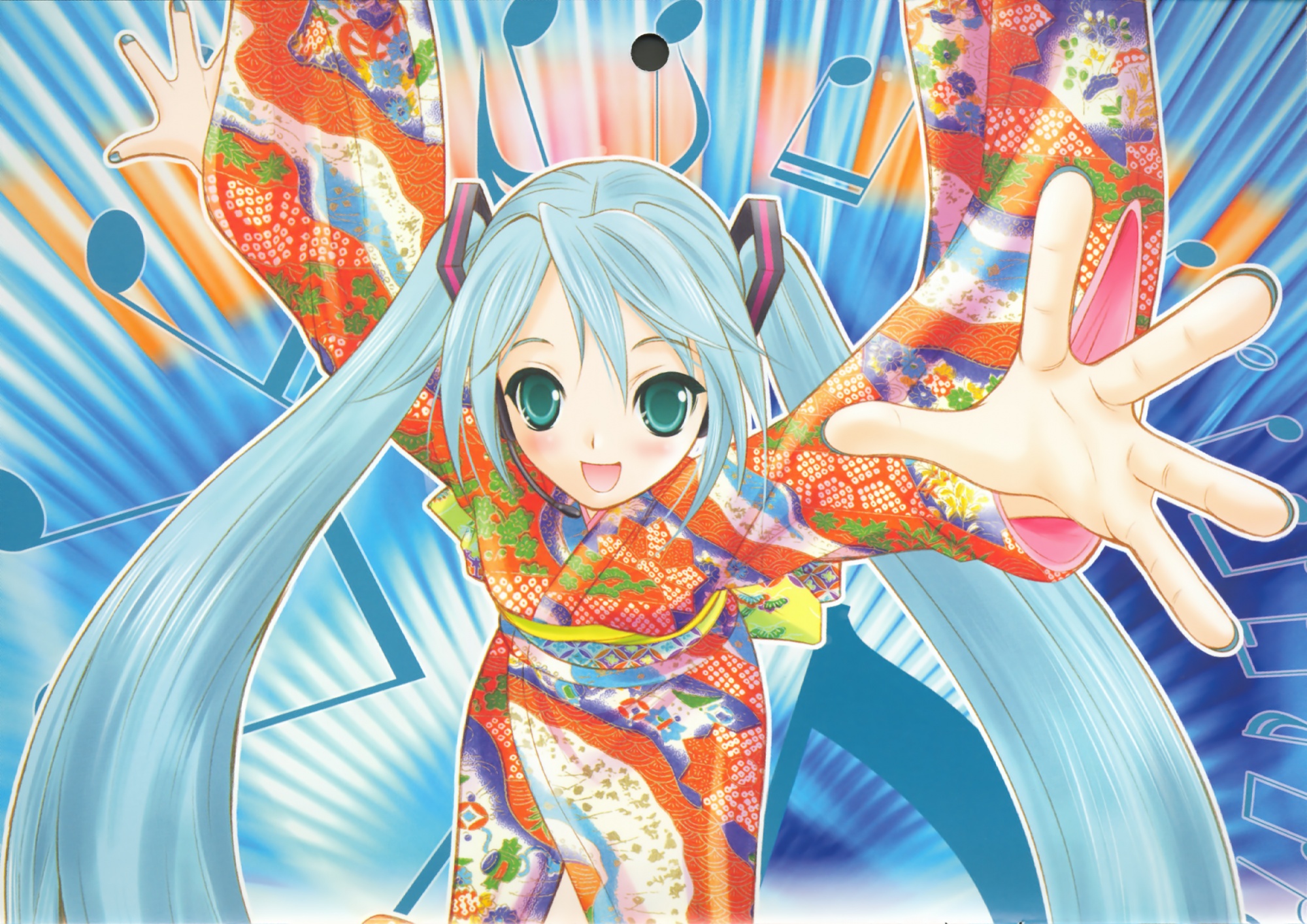 blue_hair, green_eyes, hapido, hatsune_miku, japanese_clothes, long_hair, microphone, music