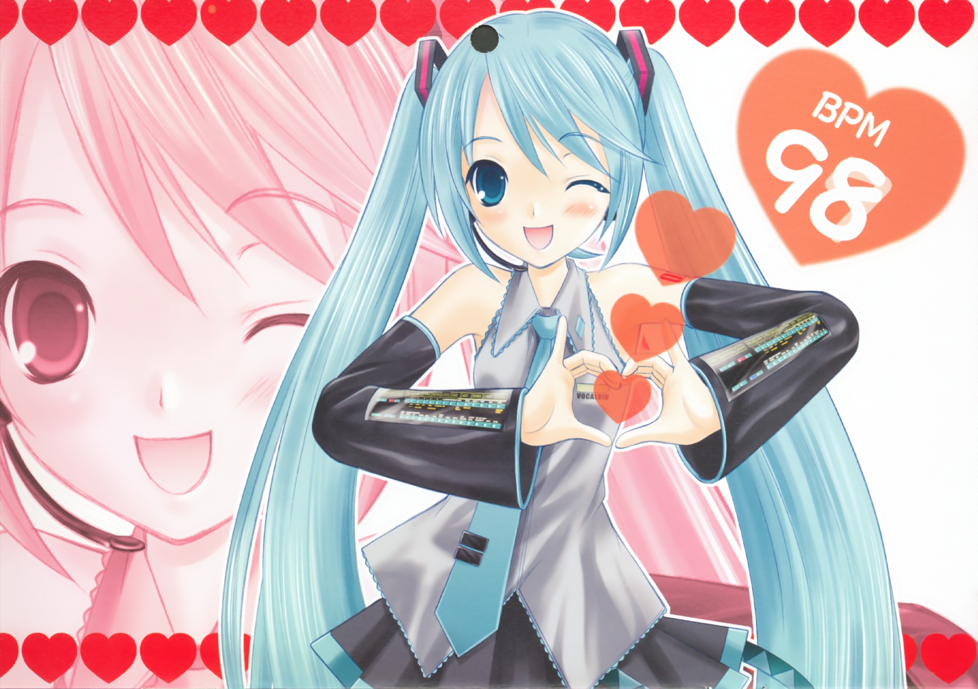 blue_eyes, blue_hair, hapido, hatsune_miku, heart, long_hair, microphone, scan