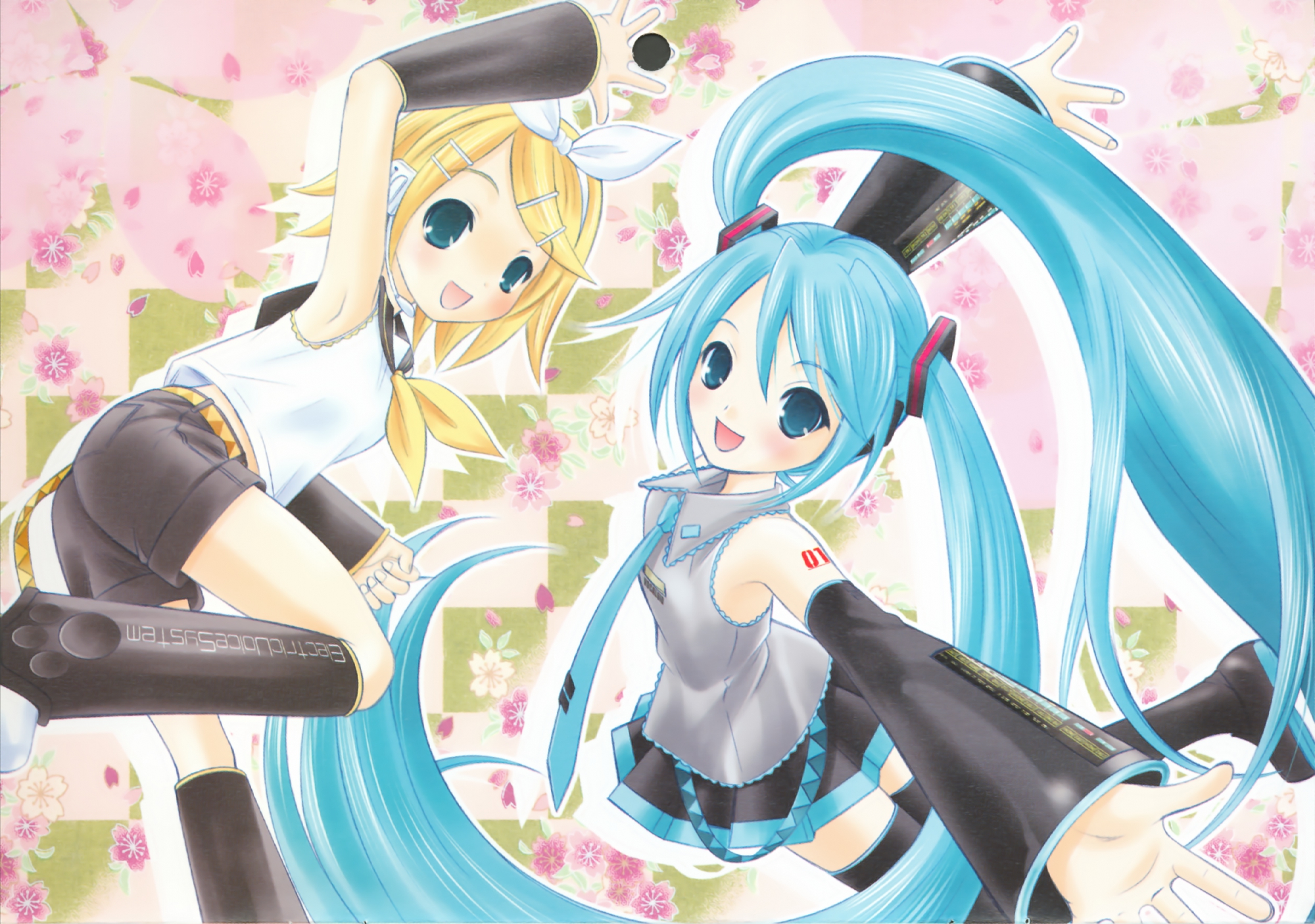 2girls, blonde_hair, blue_eyes, blue_hair, hapido, hatsune_miku, headband, kagamine_rin