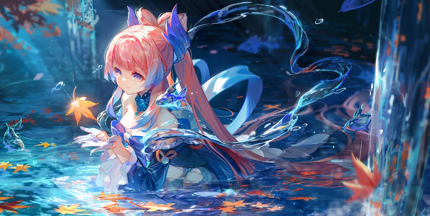 akihara_nozomi, animal, autumn, fish, genshin_impact, leaves, long_hair, pink_hair, purple_eyes, sangonomiya_kokomi, water