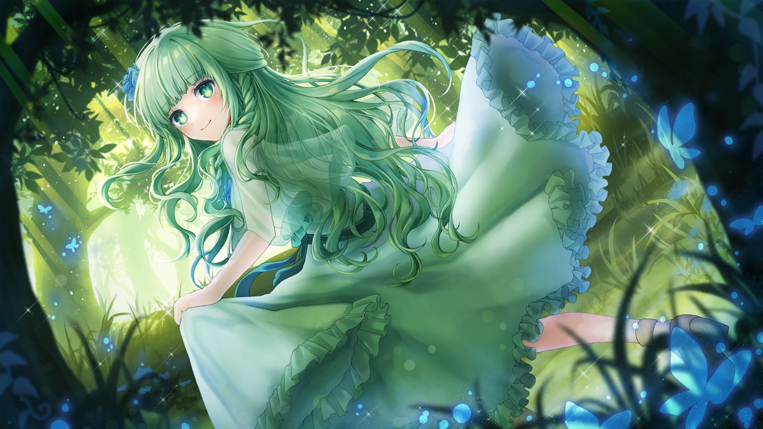aine_crysta, butterfly, dress, forest, green_eyes, green_hair, long_hair, ositi0528