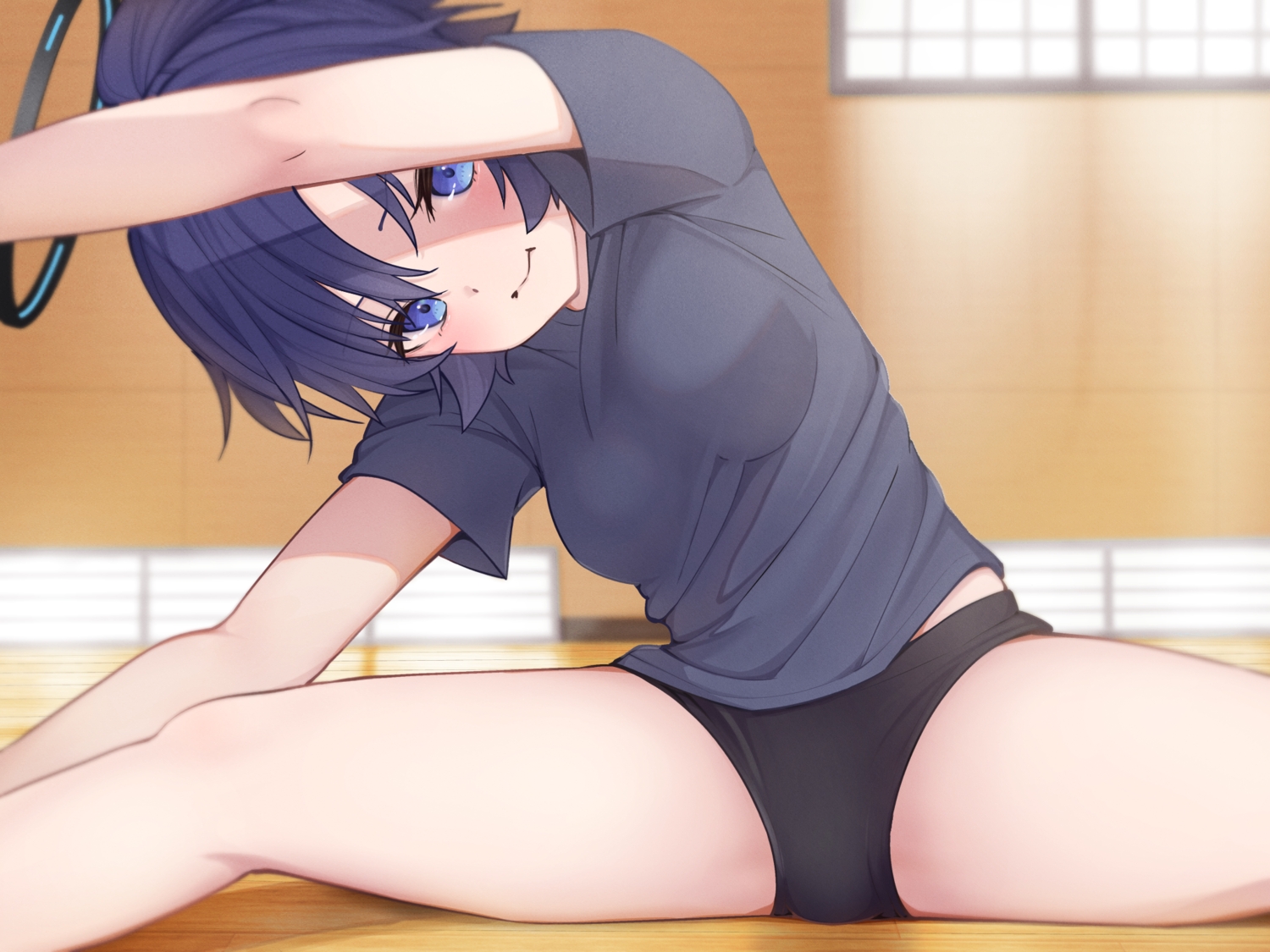 bananafish1111, bloomers, blue_archive, blue_eyes, halo, hayase_yuuka, ponytail, purple_hair, spread_legs