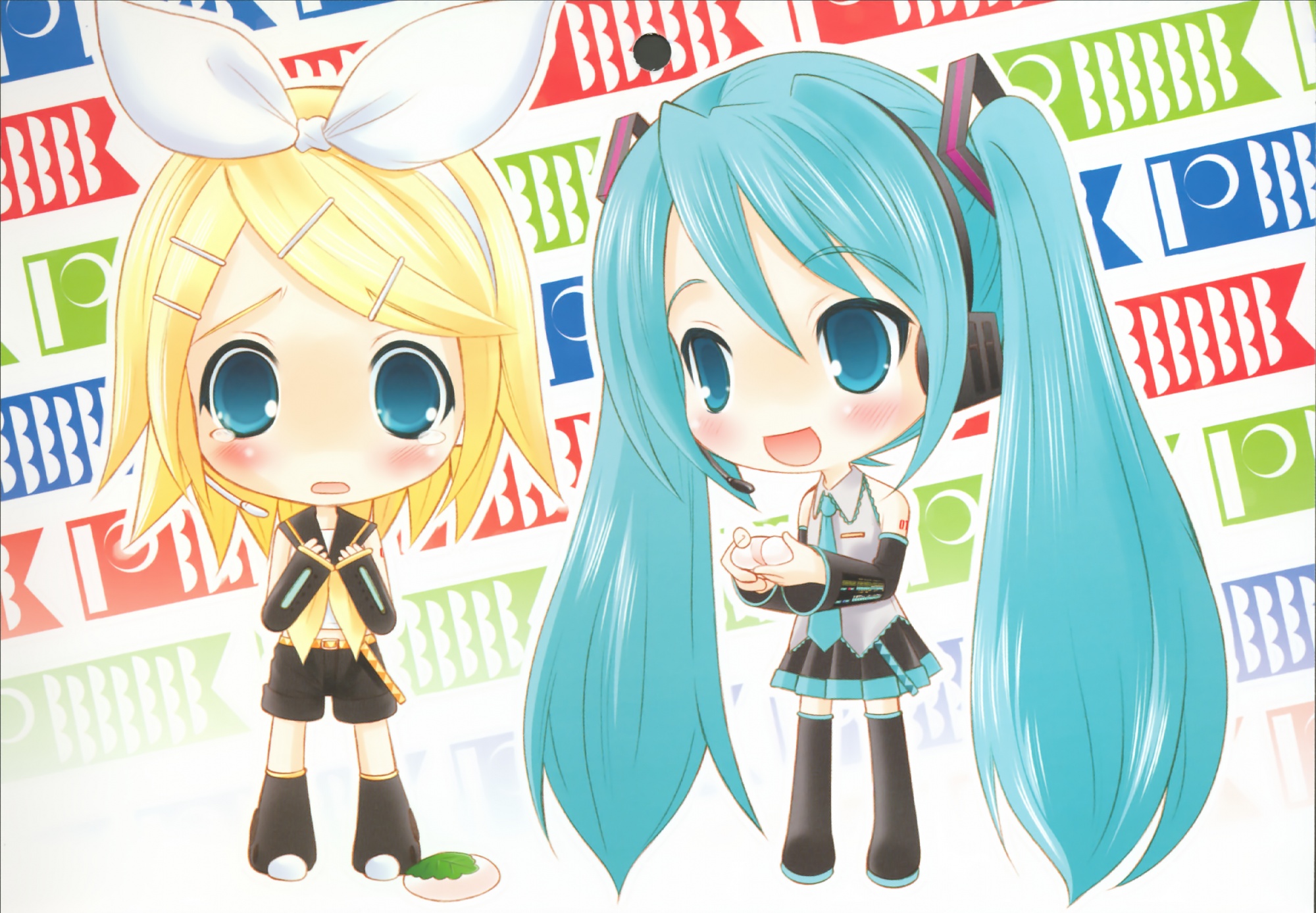 2girls, aqua_hair, blonde_hair, blue_eyes, blush, chibi, food, hapido